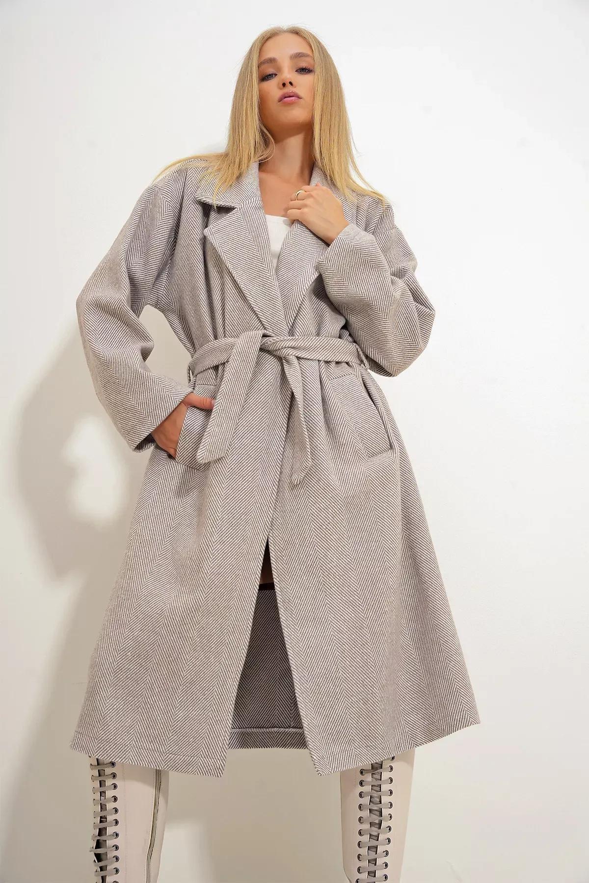 Beige Double Breasted Coat, , large image number 4