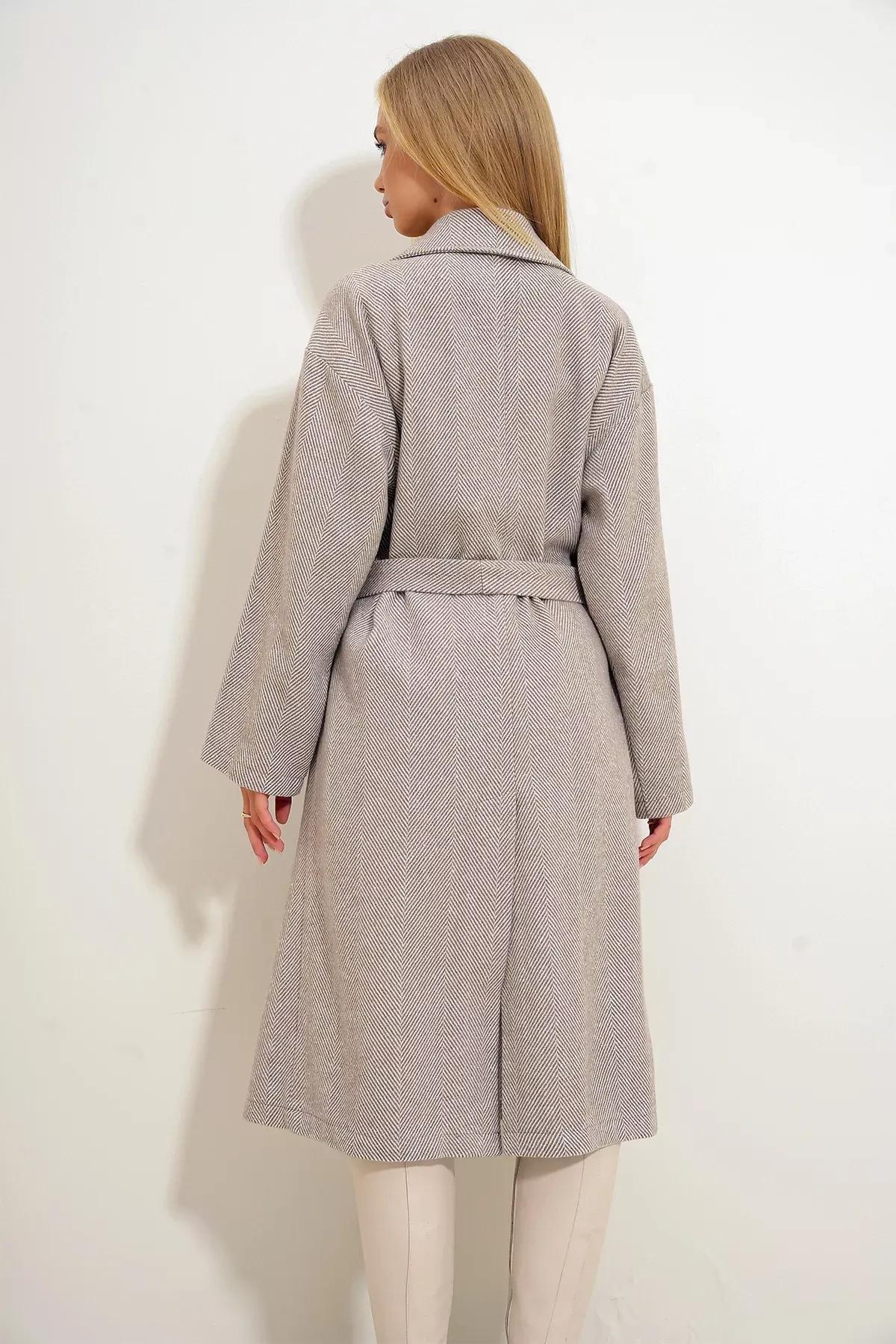 Beige Double Breasted Coat, , large image number 6