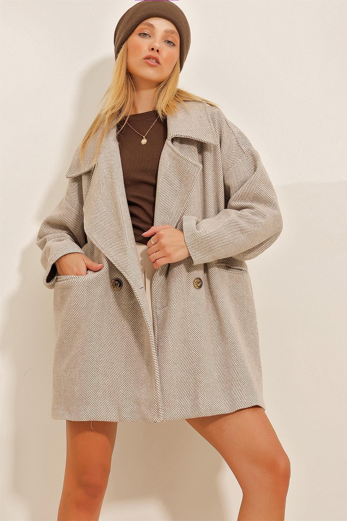Beige Double Herringbone Patterned Coat With Pockets, , large image number 2
