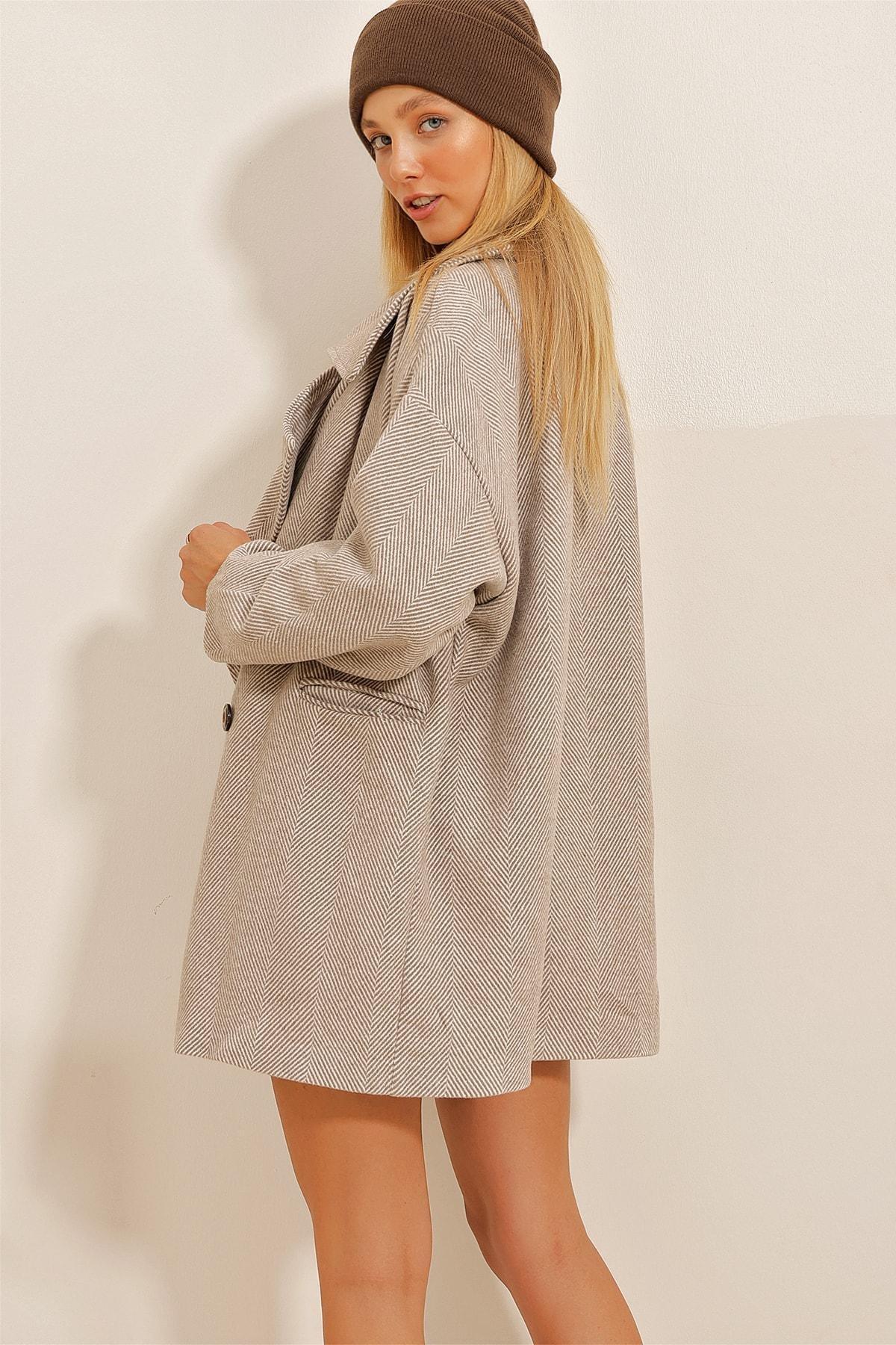 Beige Double Herringbone Patterned Coat With Pockets, , large image number 4