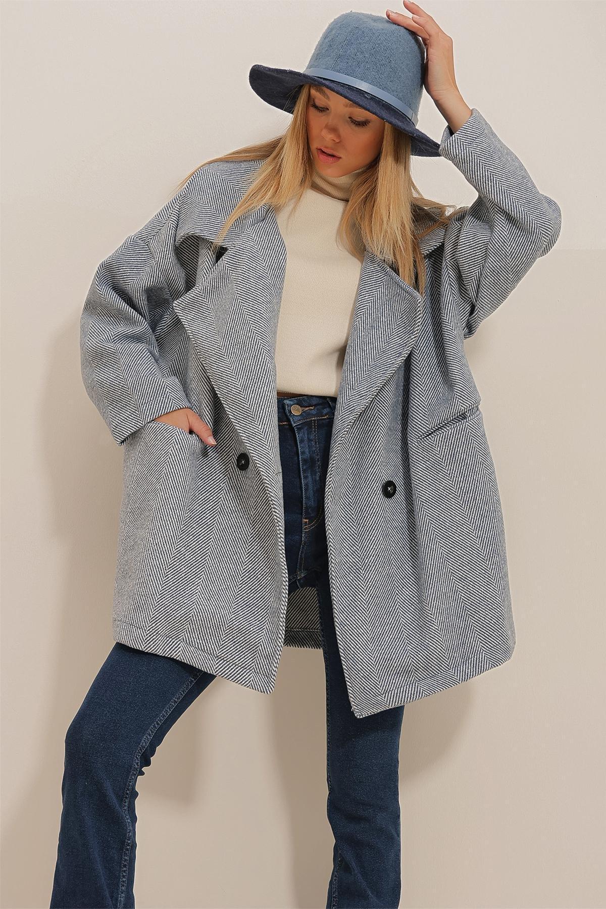 Womens Navy Blue Double Breasted Collar Herringbone Patterned Coat with Pockets ALC-X10823, single, , large image number 0
