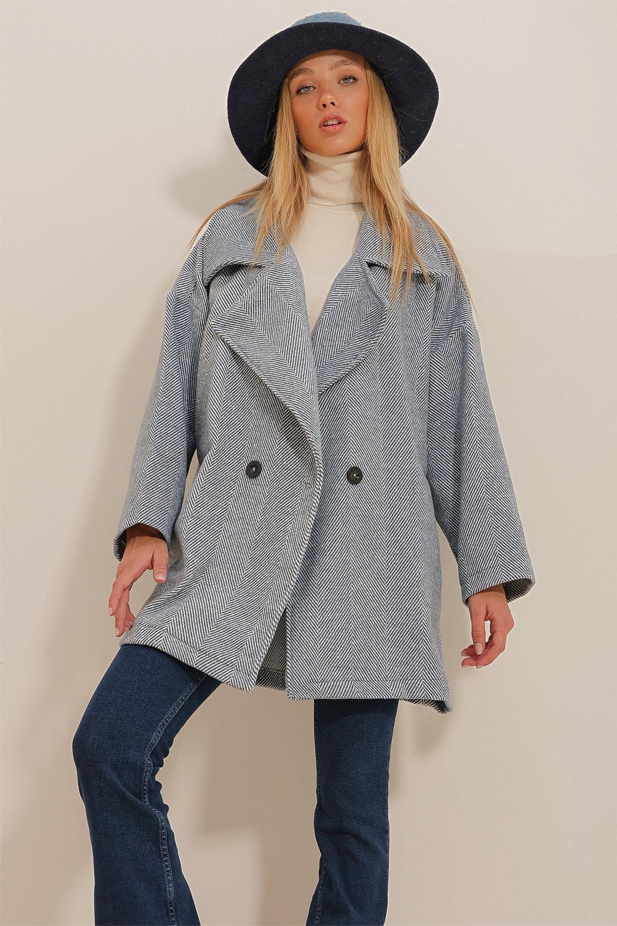 Womens Navy Blue Double Breasted Collar Herringbone Patterned Coat with Pockets ALC-X10823, single, , large image number 1