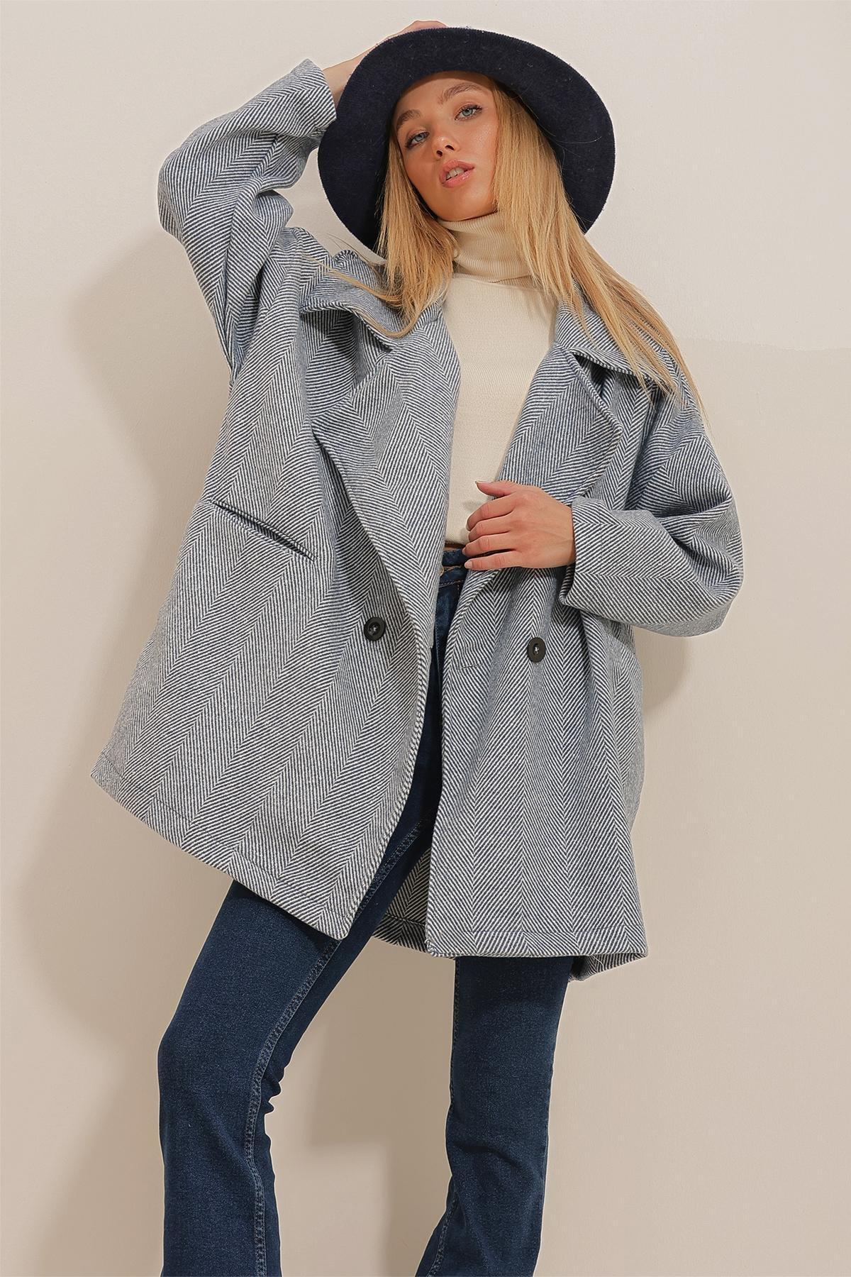 Womens Navy Blue Double Breasted Collar Herringbone Patterned Coat with Pockets ALC-X10823, single, , large image number 2