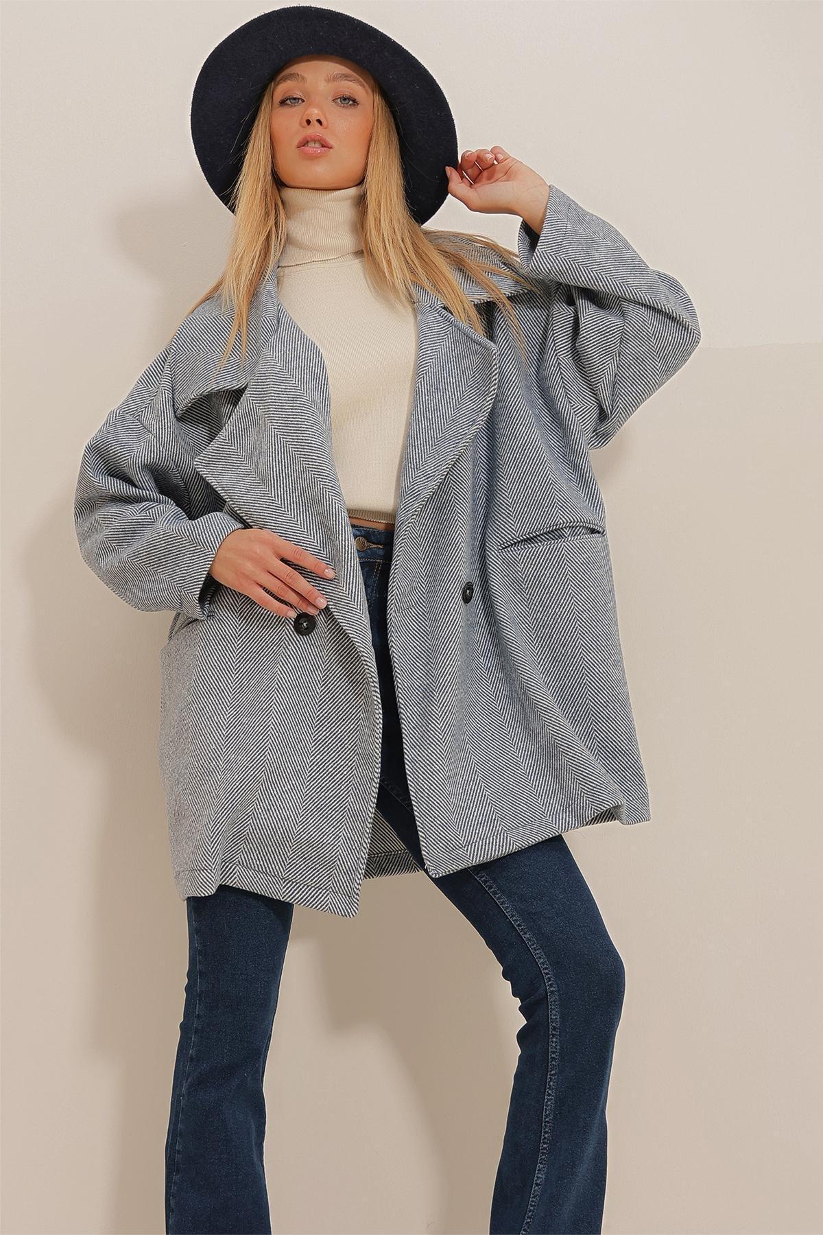 Womens Navy Blue Double Breasted Collar Herringbone Patterned Coat with Pockets ALC-X10823, single, , large image number 3