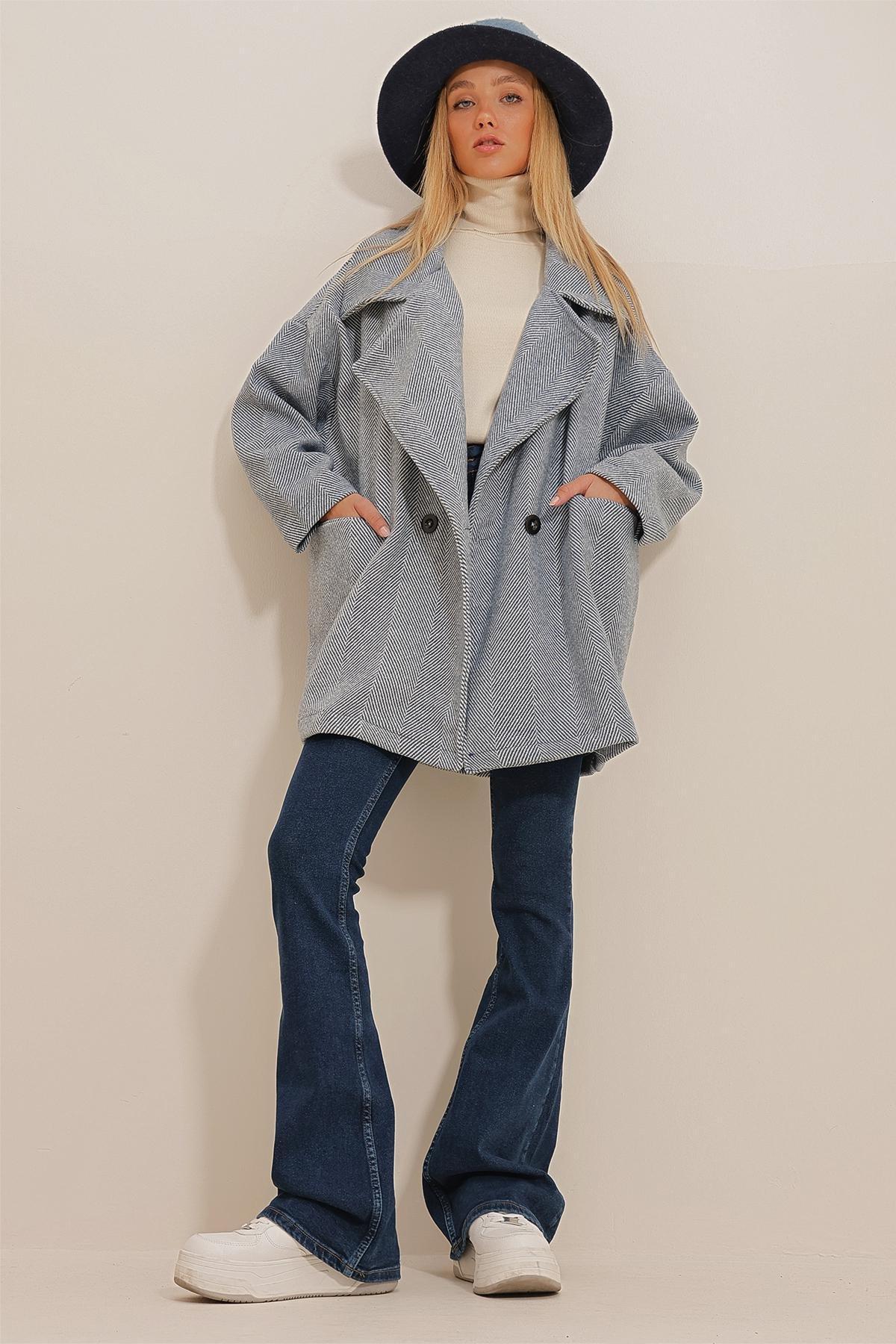 Womens Navy Blue Double Breasted Collar Herringbone Patterned Coat with Pockets ALC-X10823, single, , large image number 4