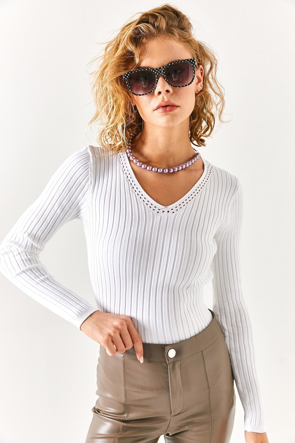 Ecru Openwork V-Neck Ribbed Blouse, Ecru, large image number 1