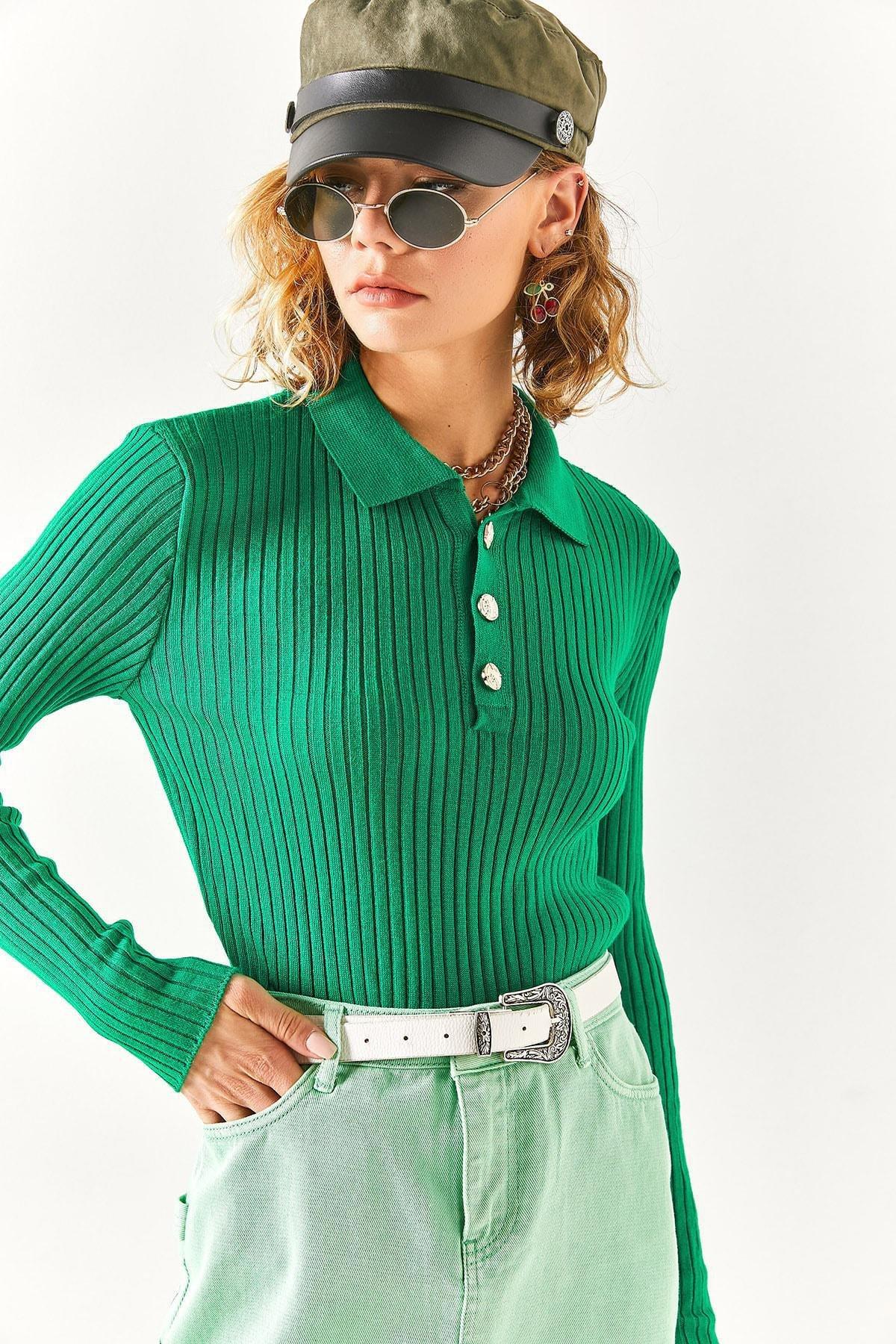 Green Buttoned Polo Neck Sweater, C101_1583, large image number 0