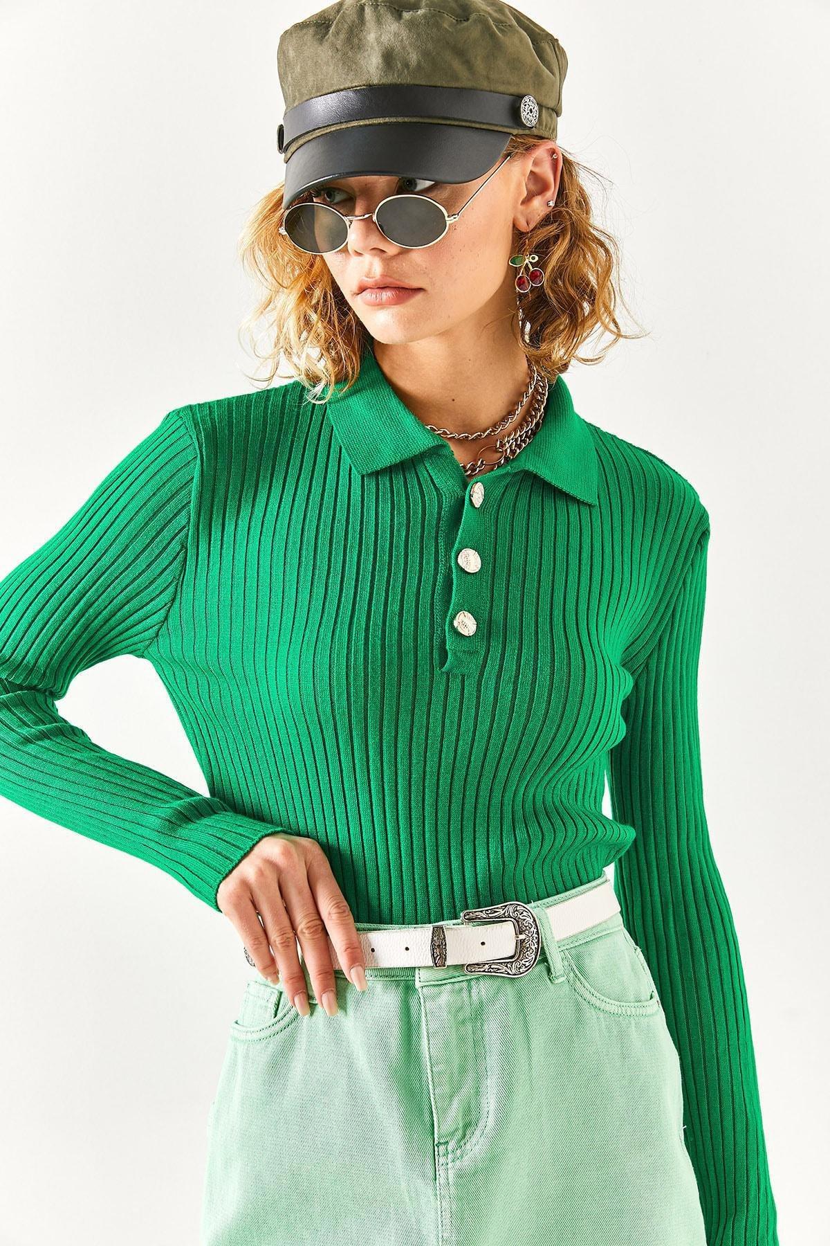 Green Buttoned Polo Neck Sweater, C101_1583, large image number 1