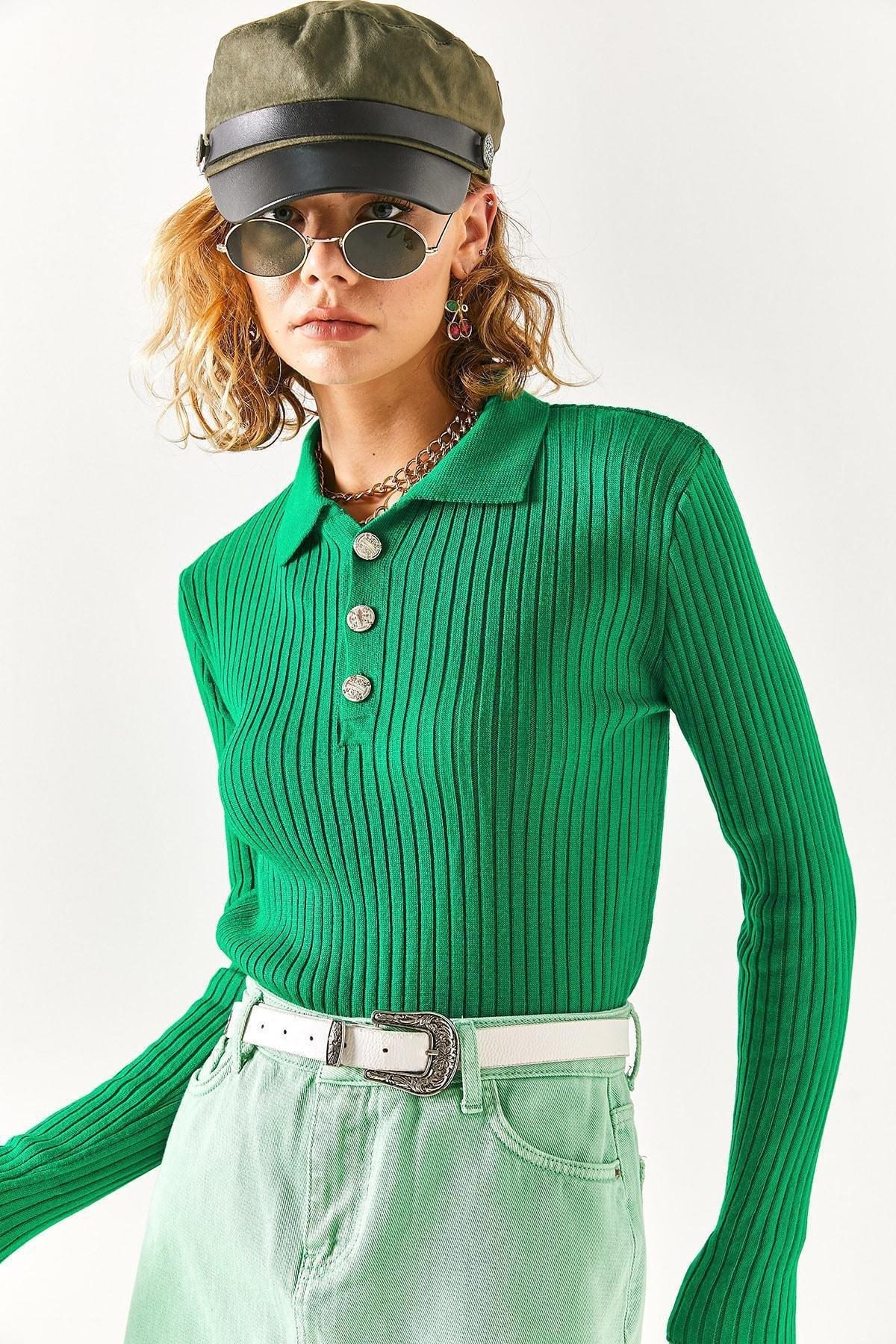 Green Buttoned Polo Neck Sweater, C101_1583, large image number 2