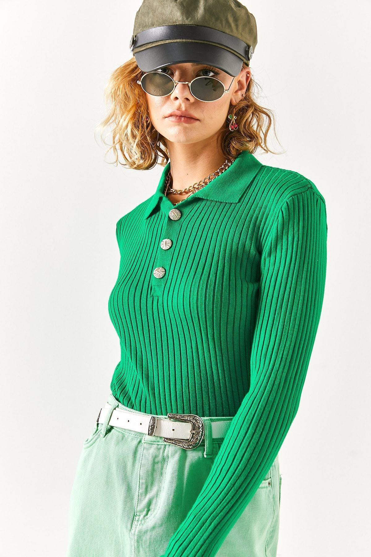 Green Buttoned Polo Neck Sweater, C101_1583, large image number 3