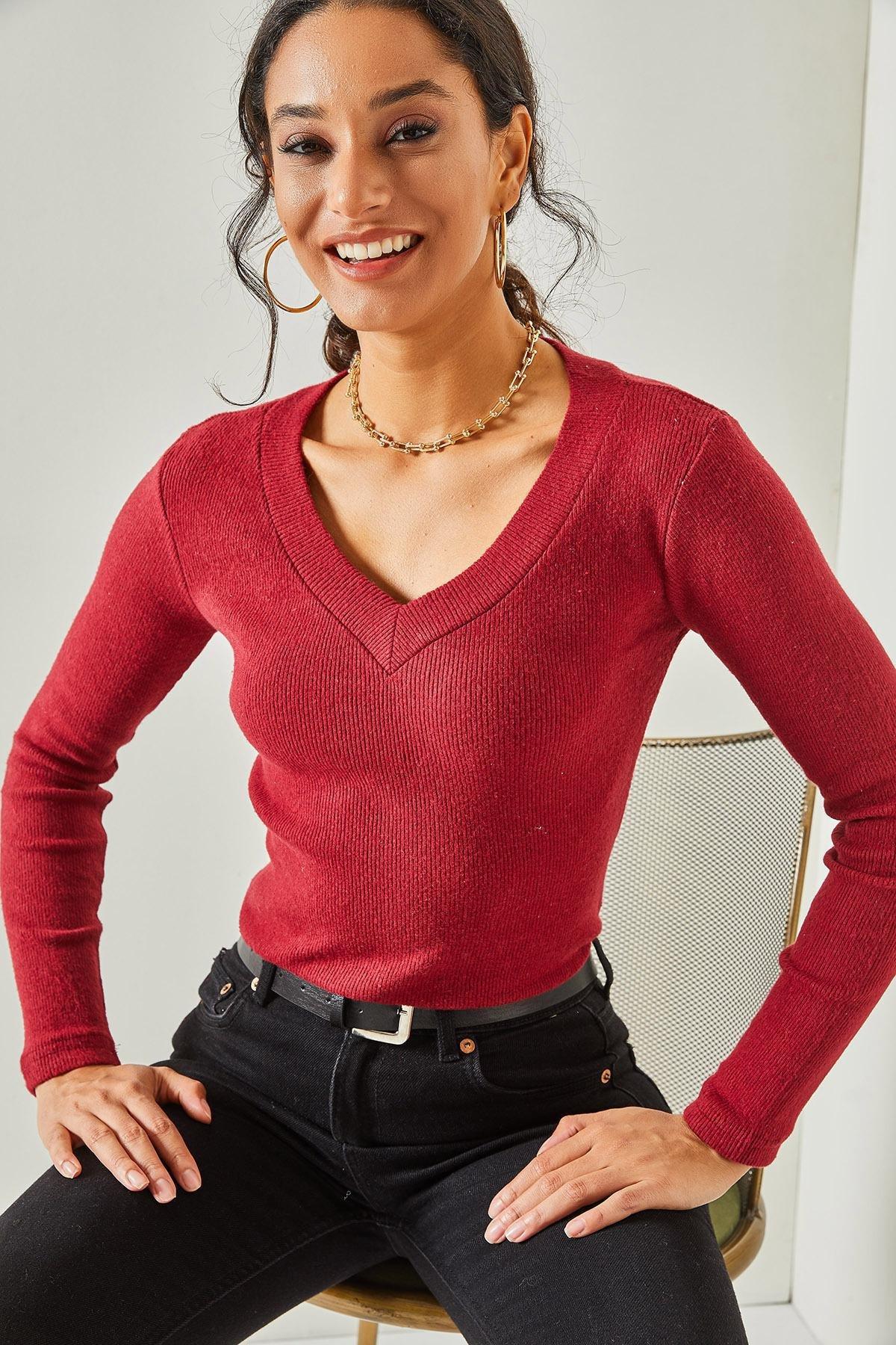 Burgundy V-Neck Blouse, Burgundy, large image number 2