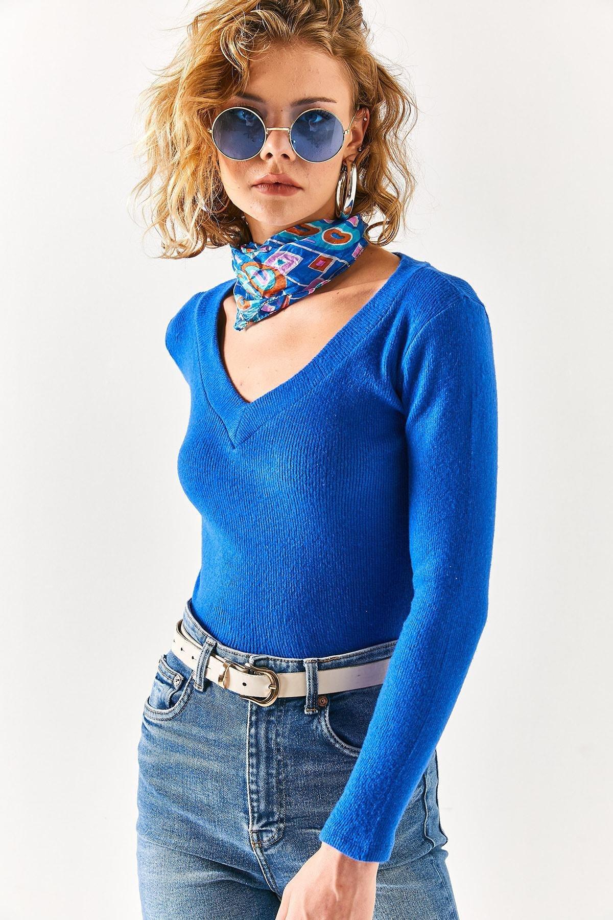 Blue Thick Band V-Neck Raising Blouse, C101_4432, large image number 2