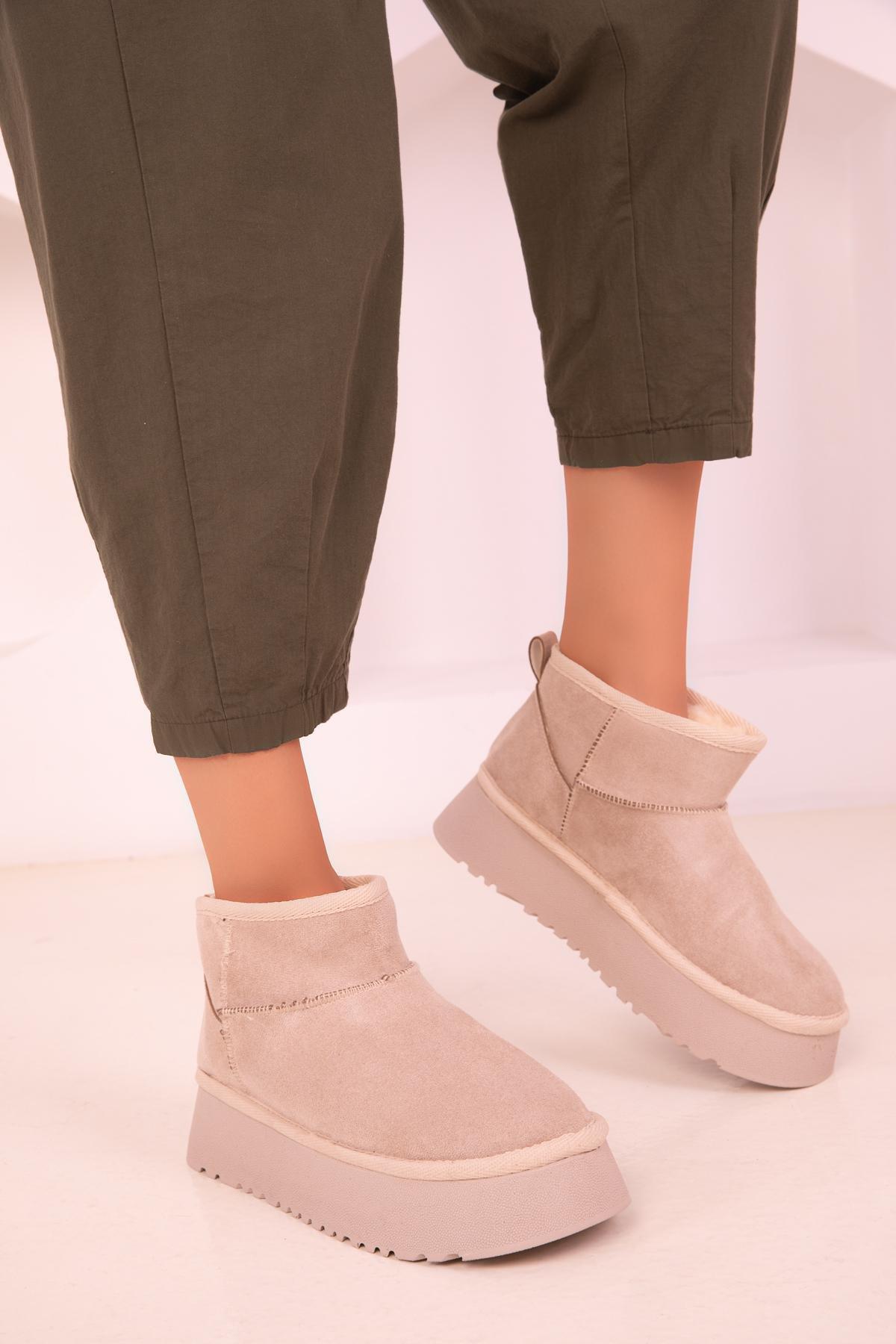 Cream Mini Suede Boots, , large image number 2