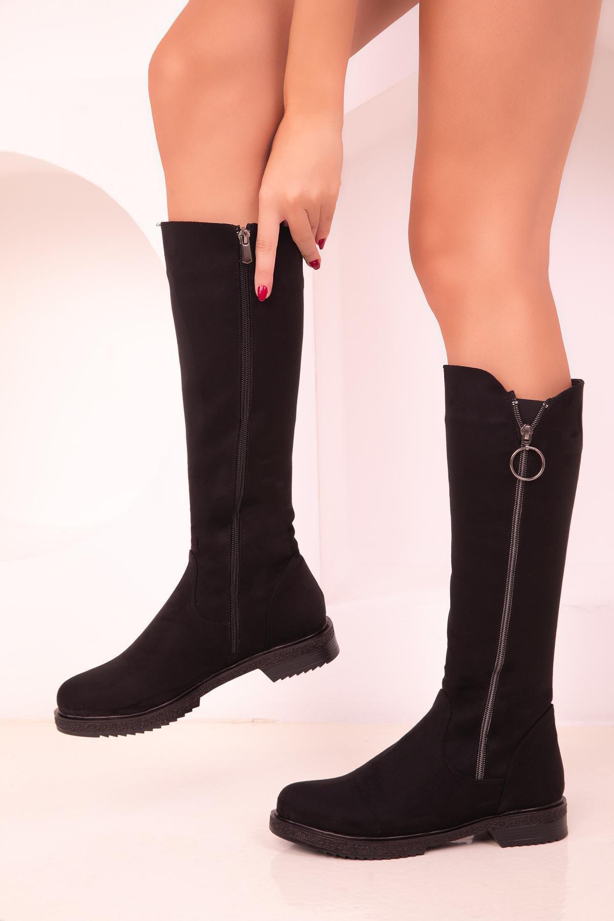 Black Suede Zippered Boots, , large image number 1