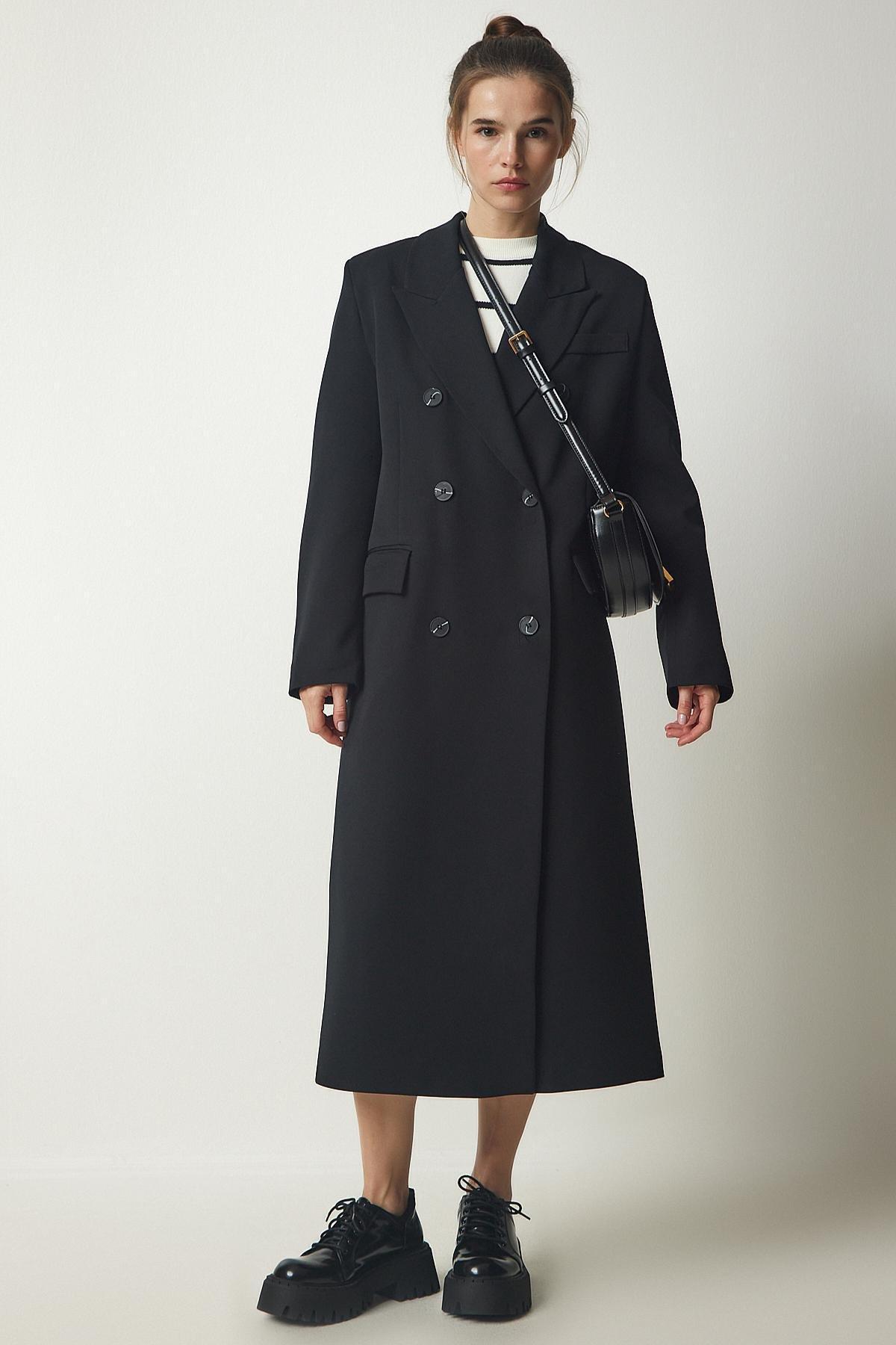 Black Double Breasted Collar Slit Long Coat, , large image number 0