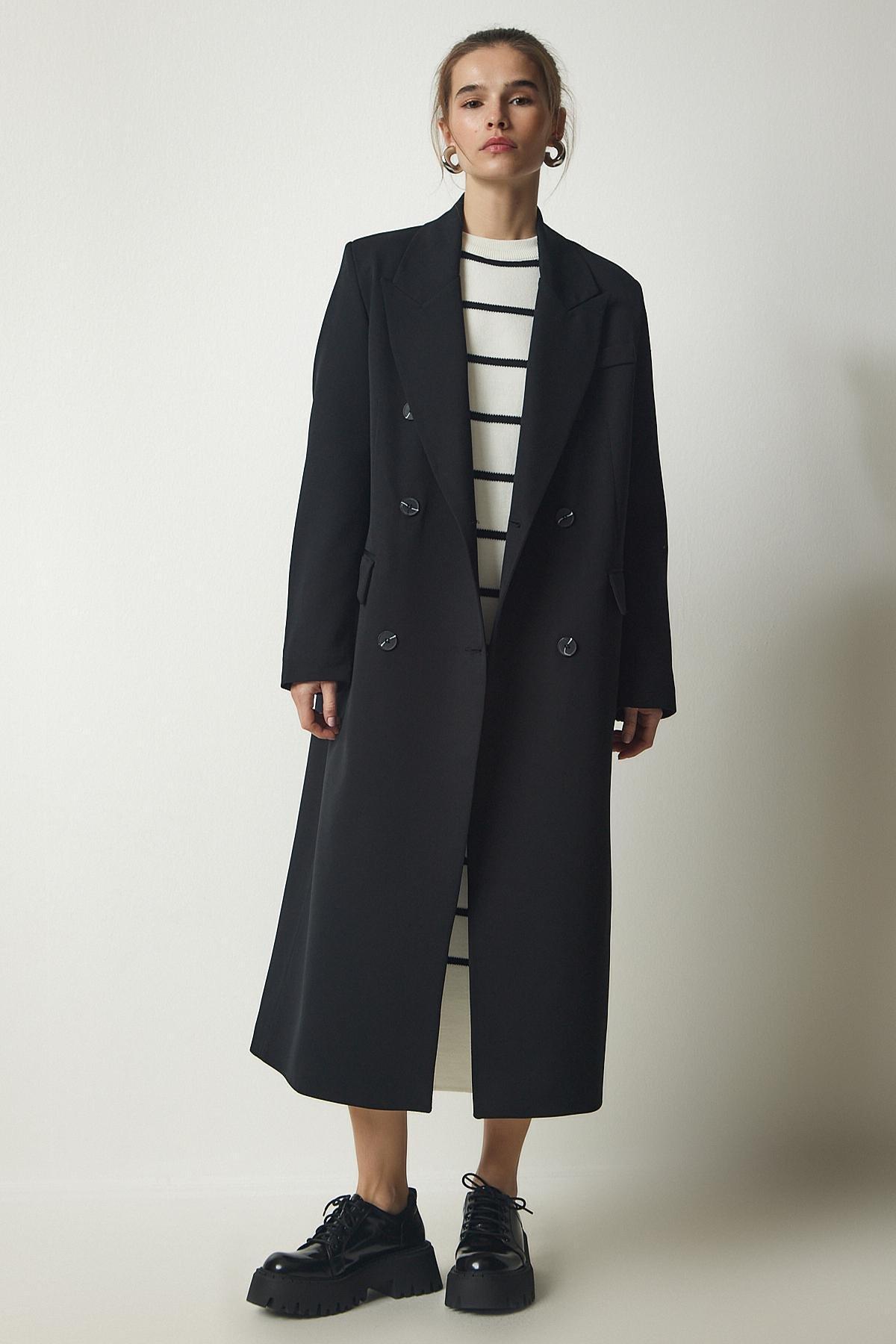 Black Double Breasted Collar Slit Long Coat, , large image number 1
