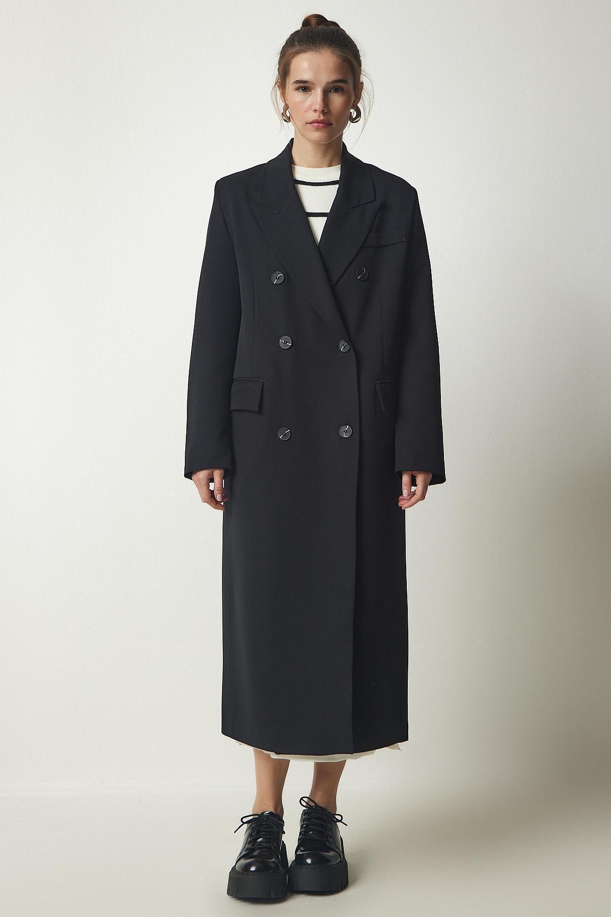 Black Double Breasted Collar Slit Long Coat, , large image number 2