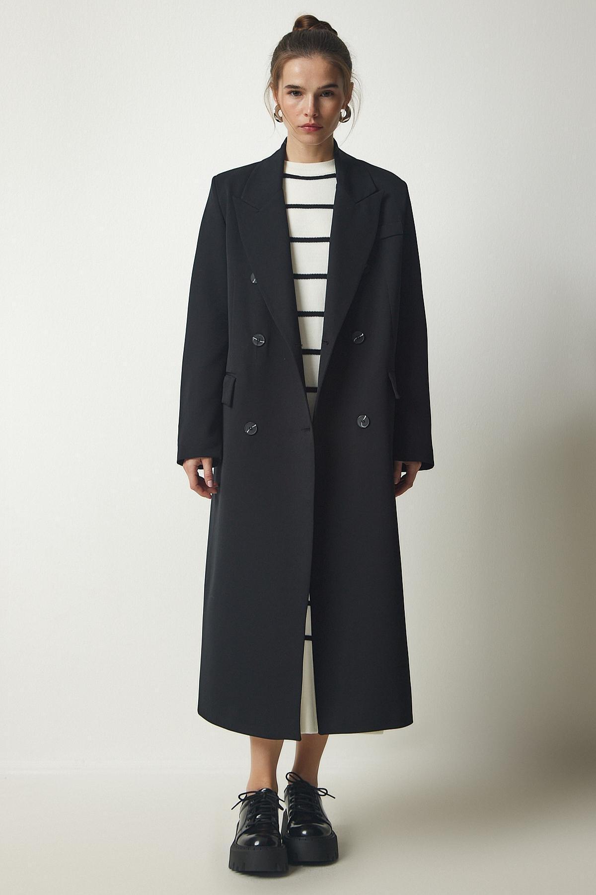 Black Double Breasted Collar Slit Long Coat, , large image number 3