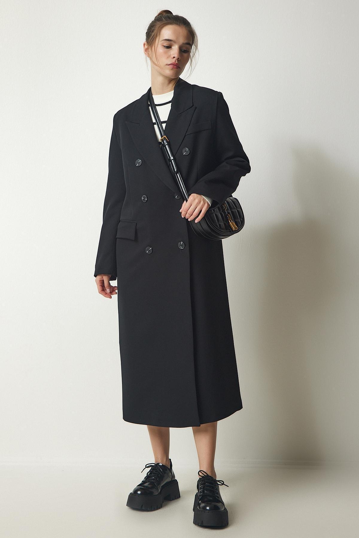 Black Double Breasted Collar Slit Long Coat, , large image number 4