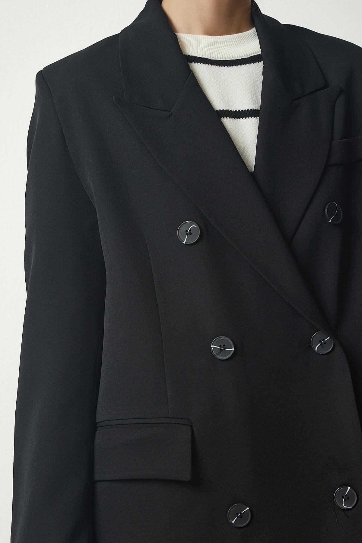 Black Double Breasted Collar Slit Long Coat, , large image number 5