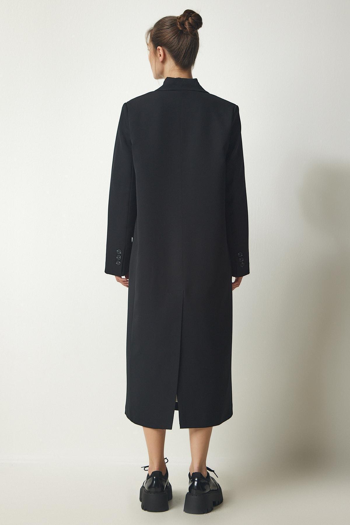 Black Double Breasted Collar Slit Long Coat, , large image number 6