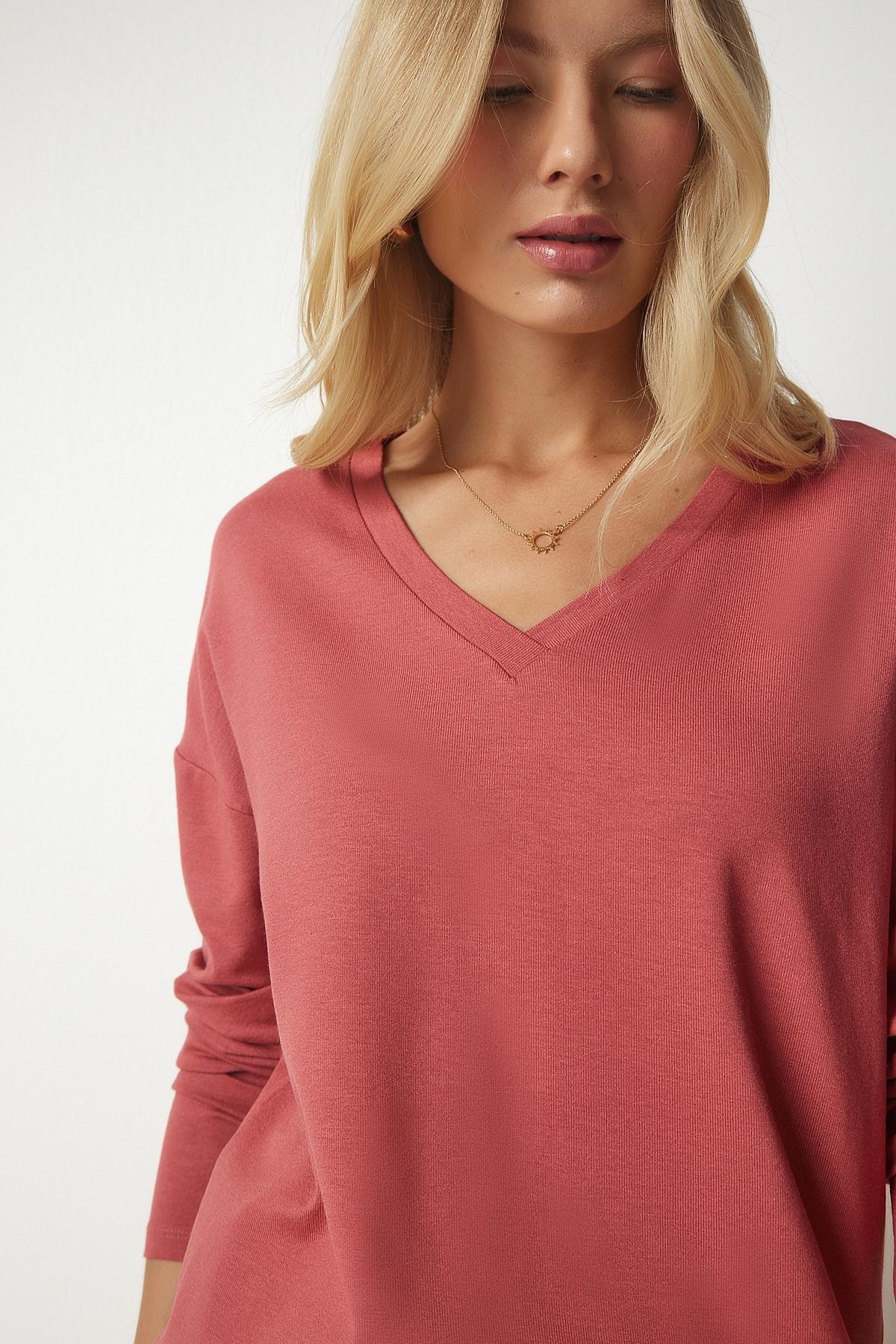 Pink V-Neck Knitwear Blouse, C101_1633, large image number 1