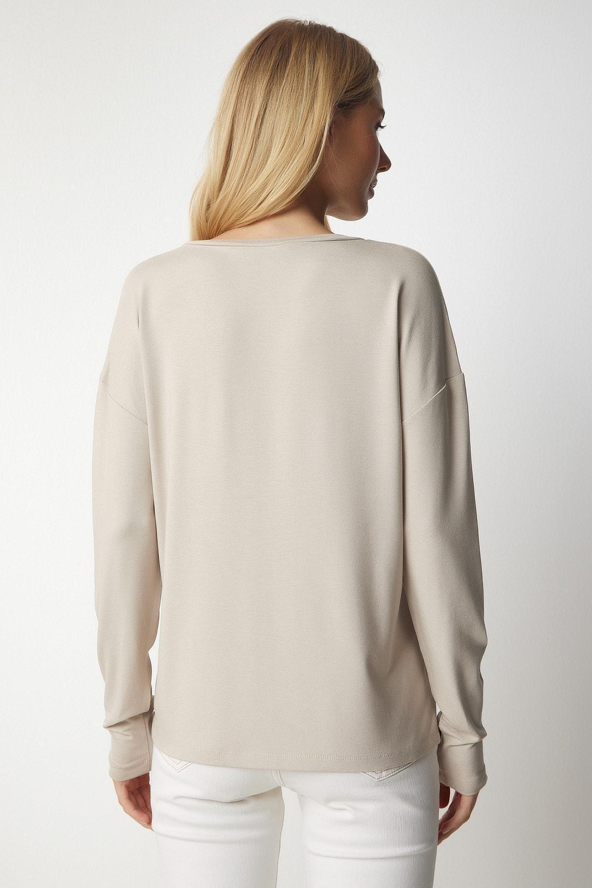 Beige V-Neck Knitwear Blouse, , large image number 5