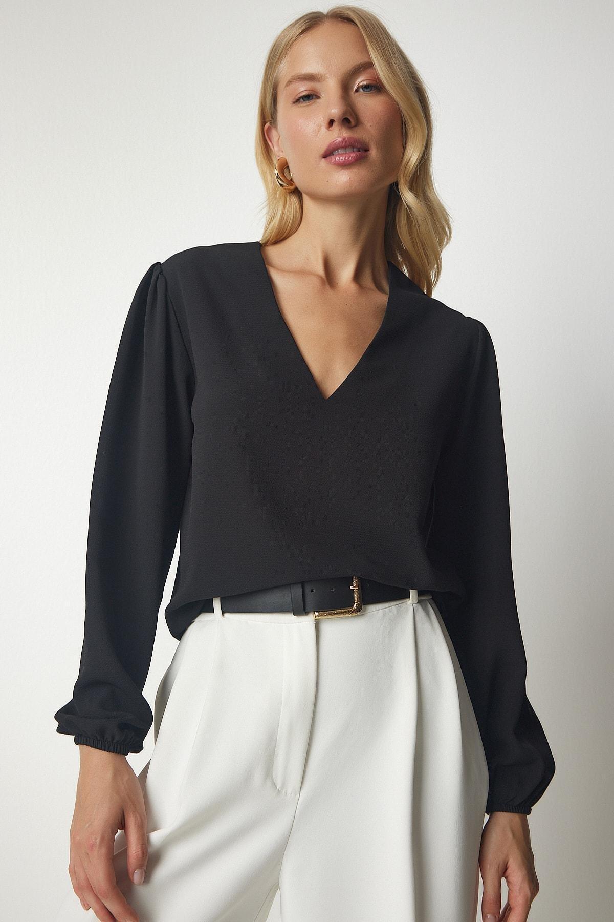 Black V-Neck Crepe Blouse, , large image number 0