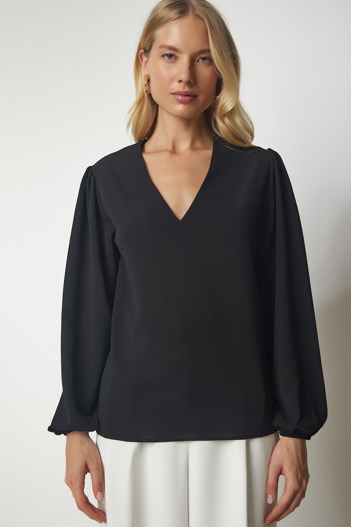 Black V-Neck Crepe Blouse, BLACK, large image number 2