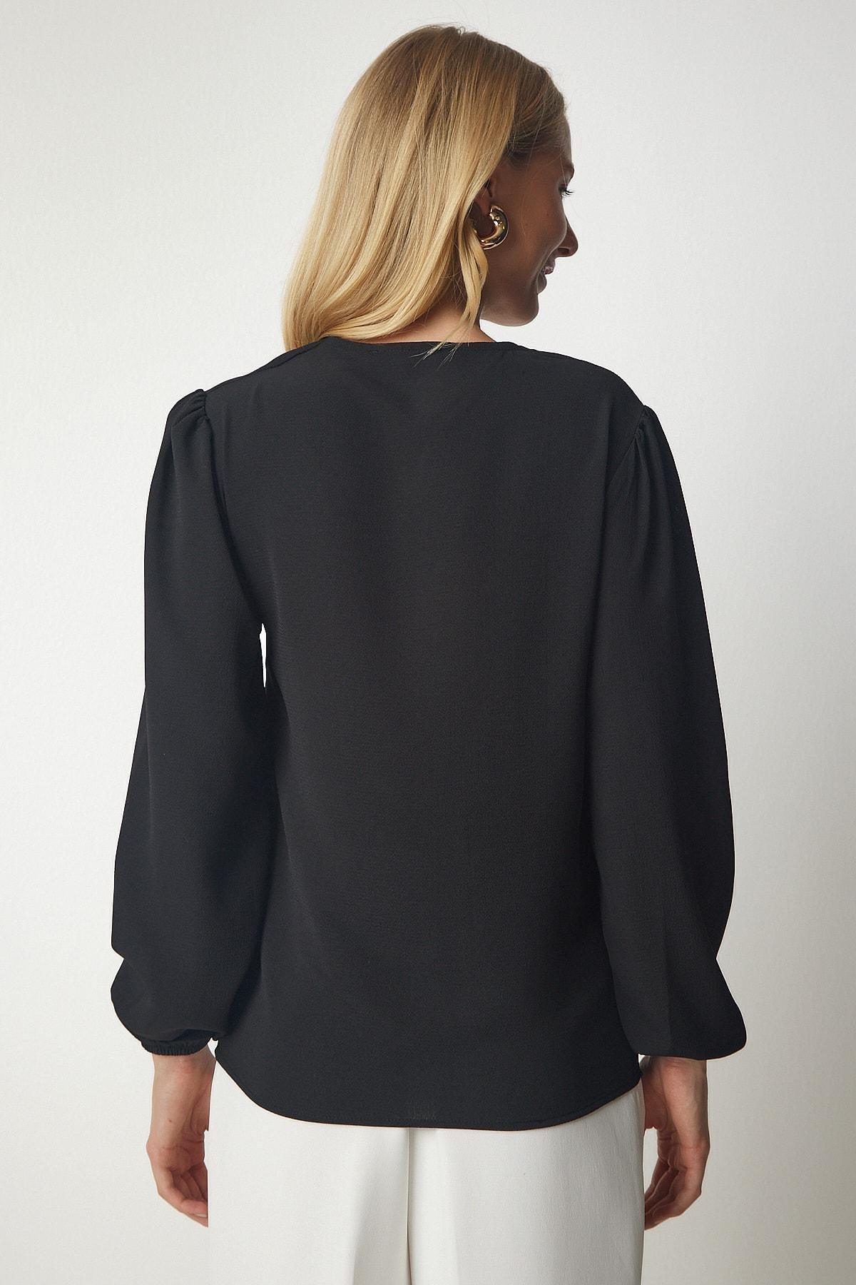 Black V-Neck Crepe Blouse, BLACK, large image number 4