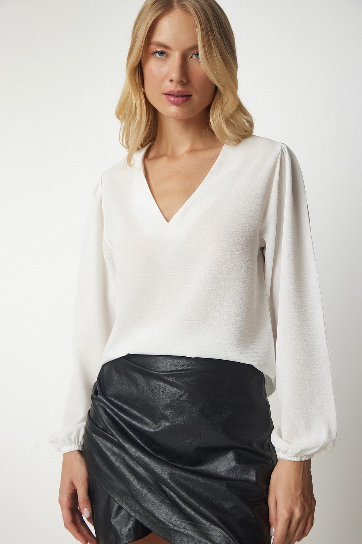 White V-Neck Crepe Blouse, White, large image number 0