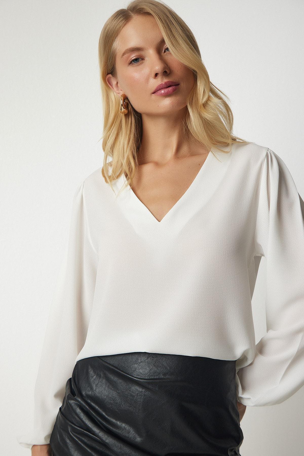 White V-Neck Crepe Blouse, White, large image number 3