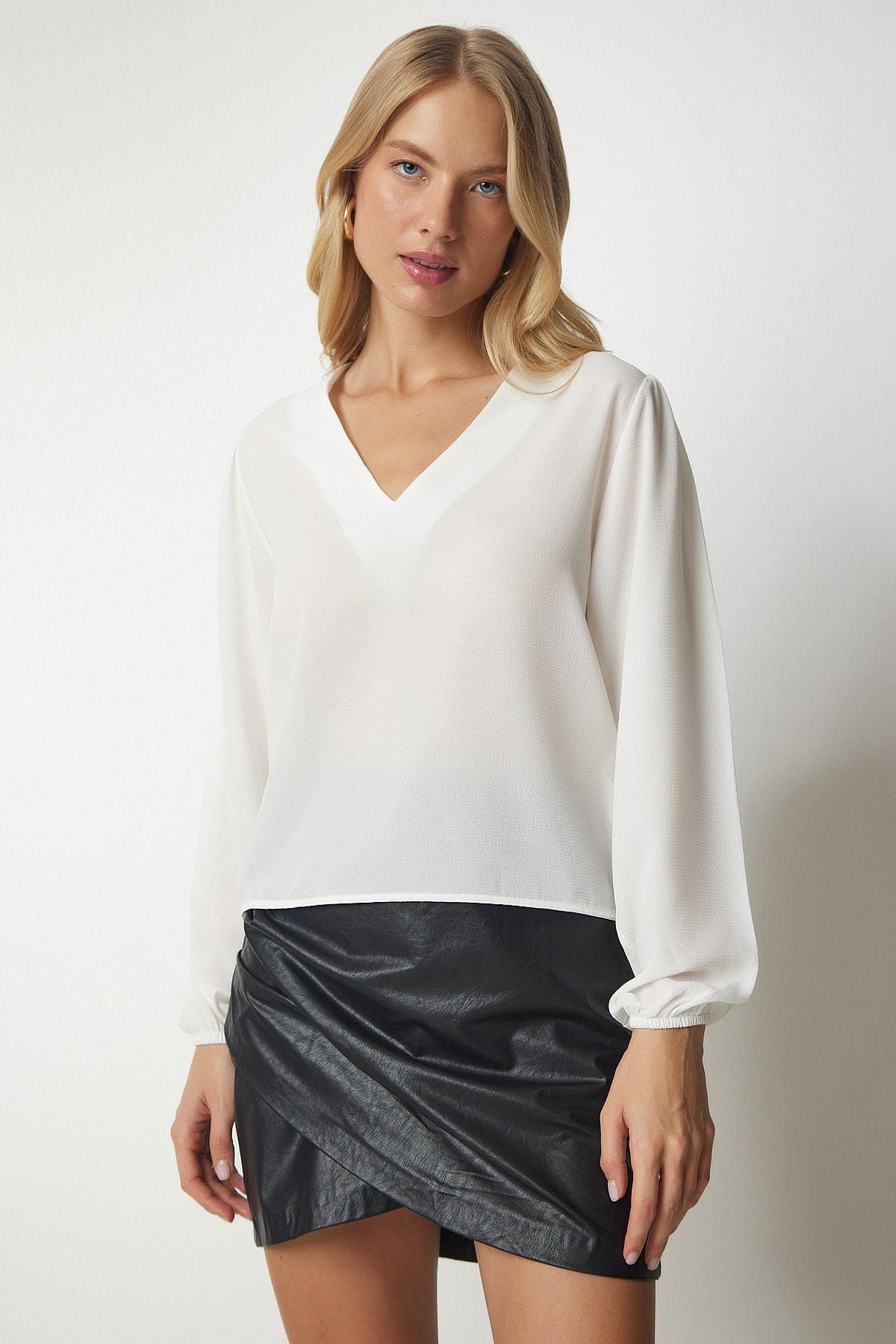 White V-Neck Crepe Blouse, White, large image number 4