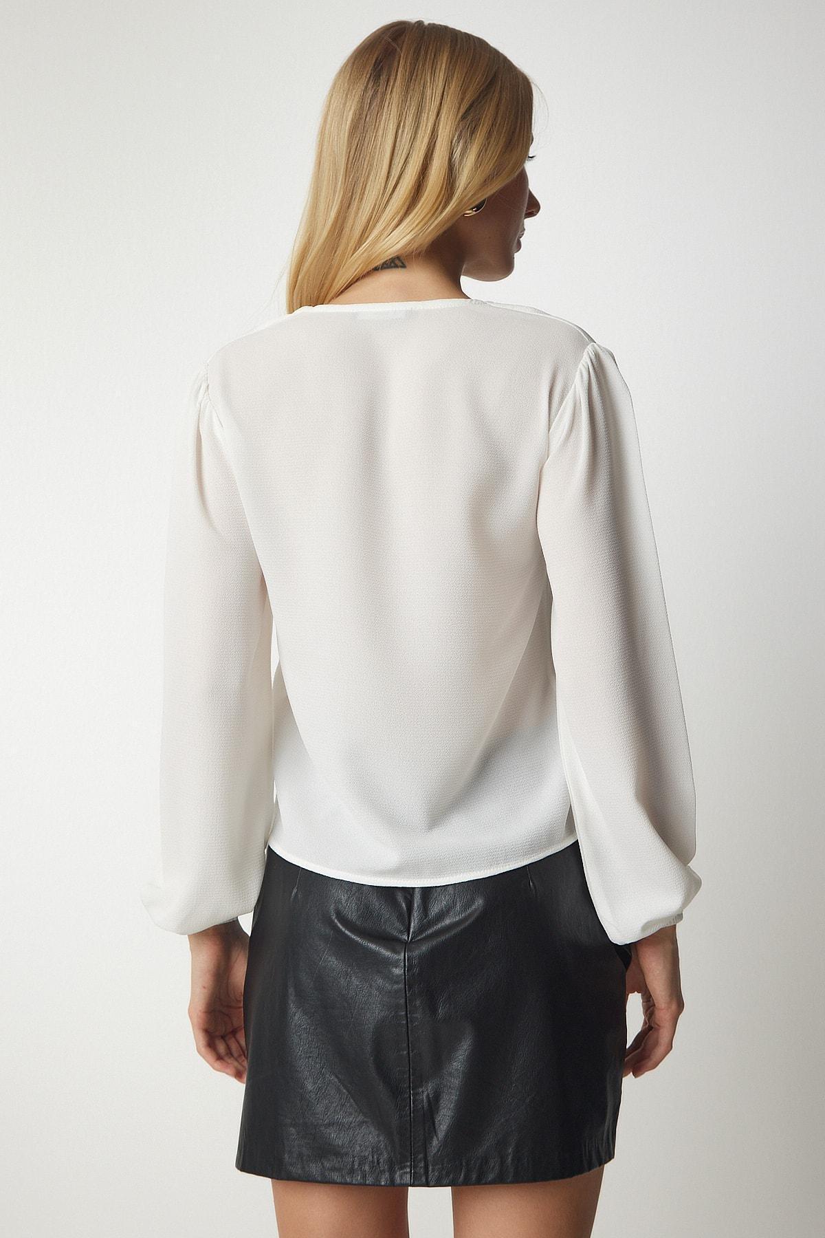 White V-Neck Crepe Blouse, White, large image number 5