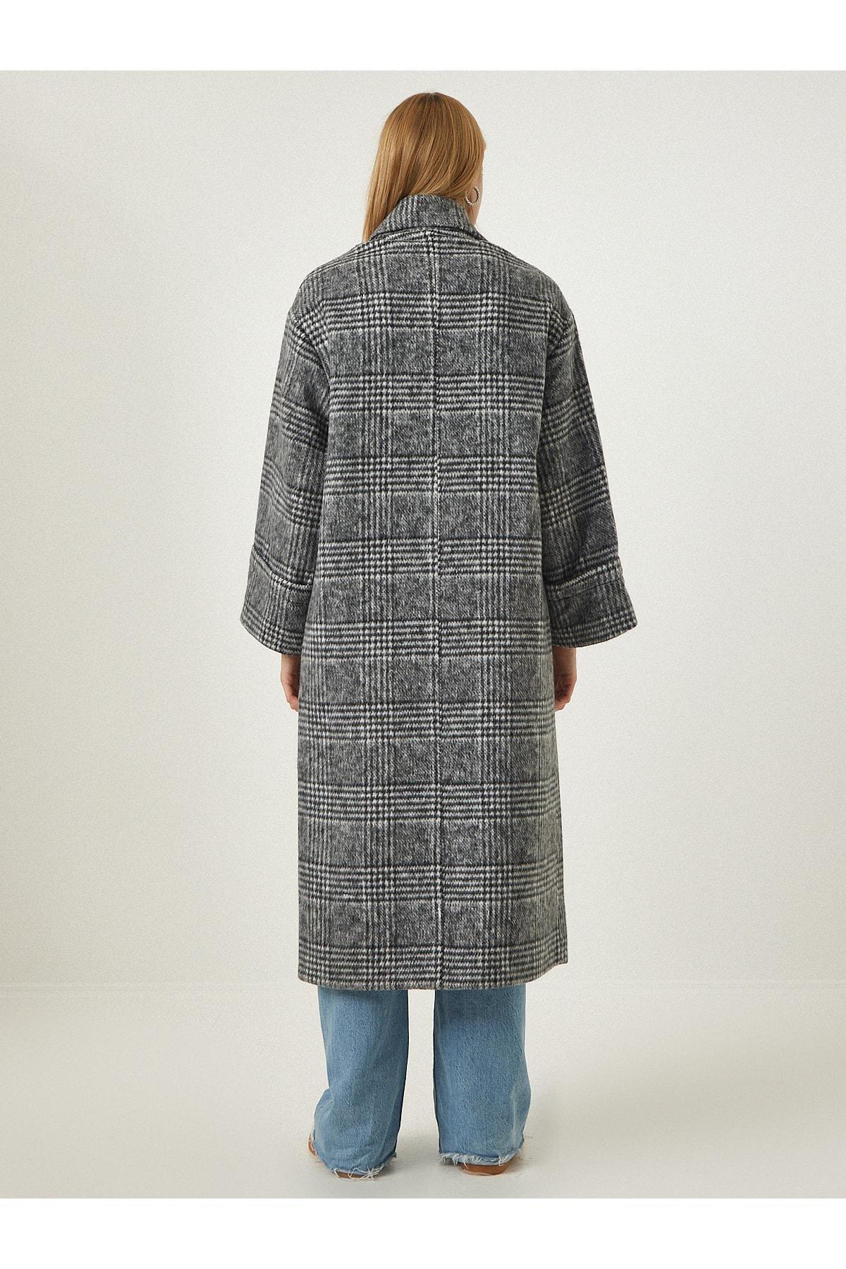 Happiness Istanbul - Black Premium Patterned Wool Stamped Coat