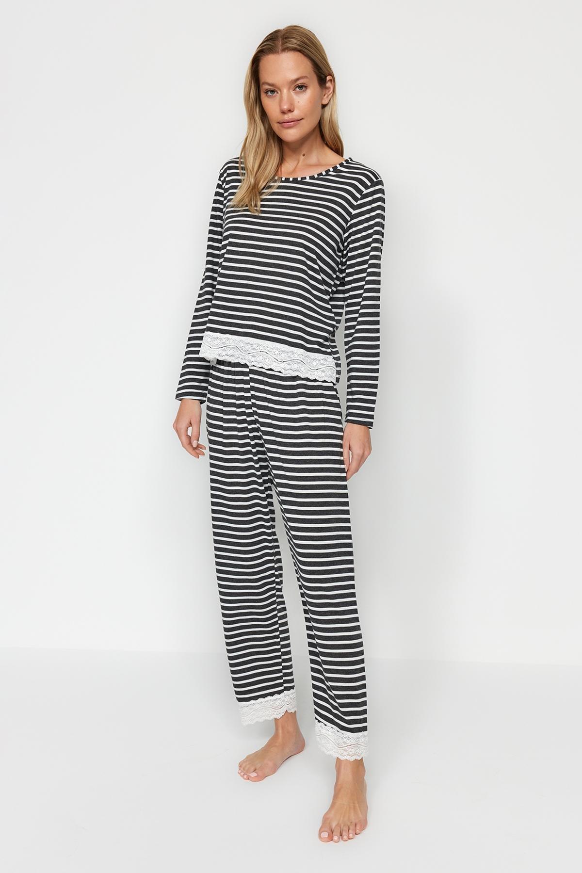 Black Striped Knitted Pyjama Set, Anthracite, large image number 0