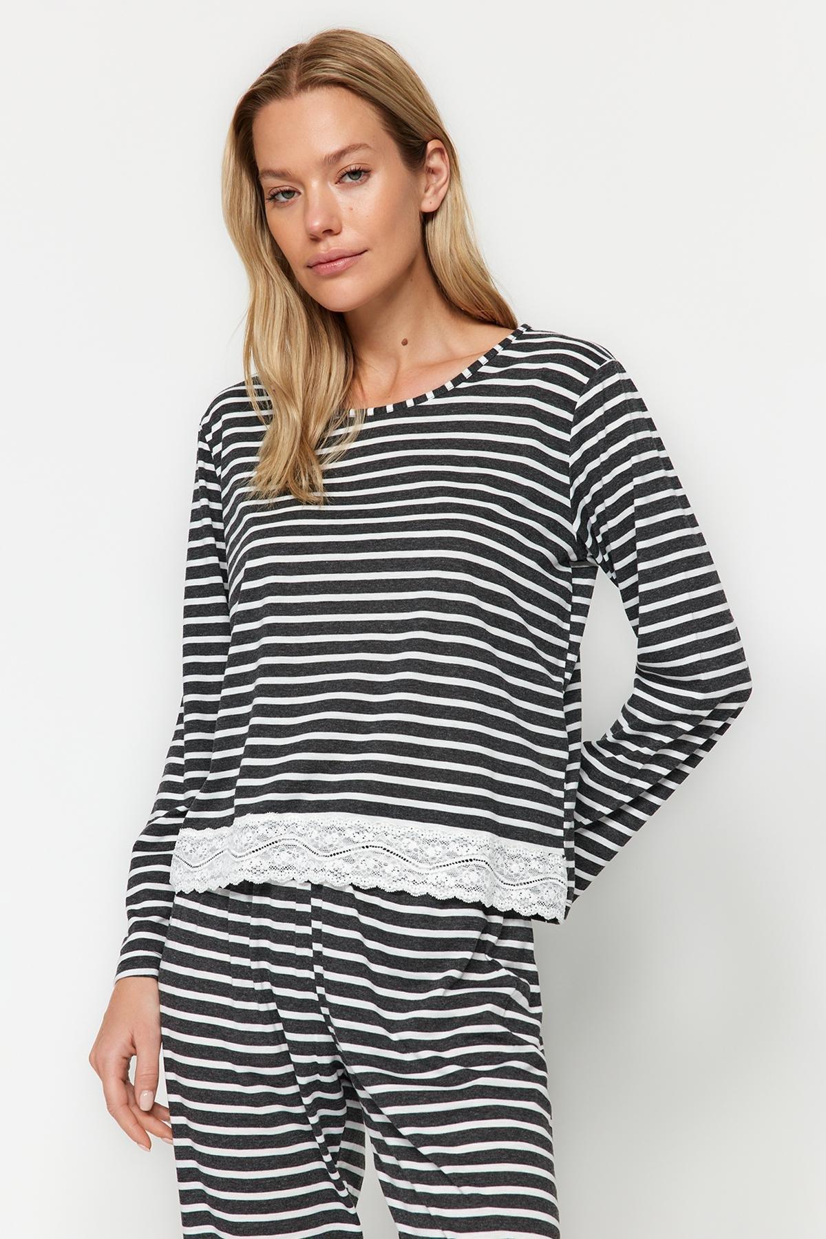 Black Striped Knitted Pyjama Set, Anthracite, large image number 1