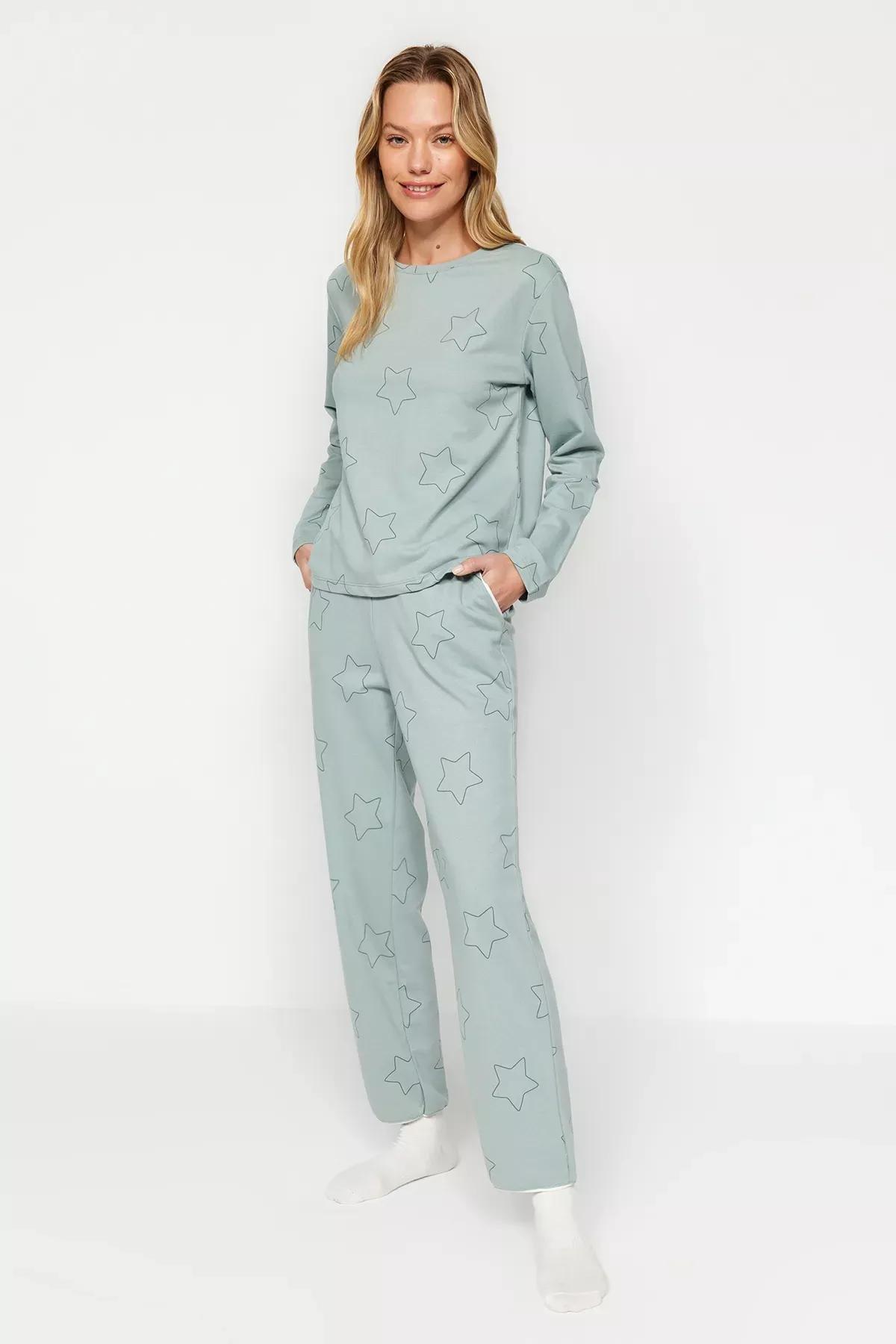Green Star Knit Pajama Set, Mint, medium