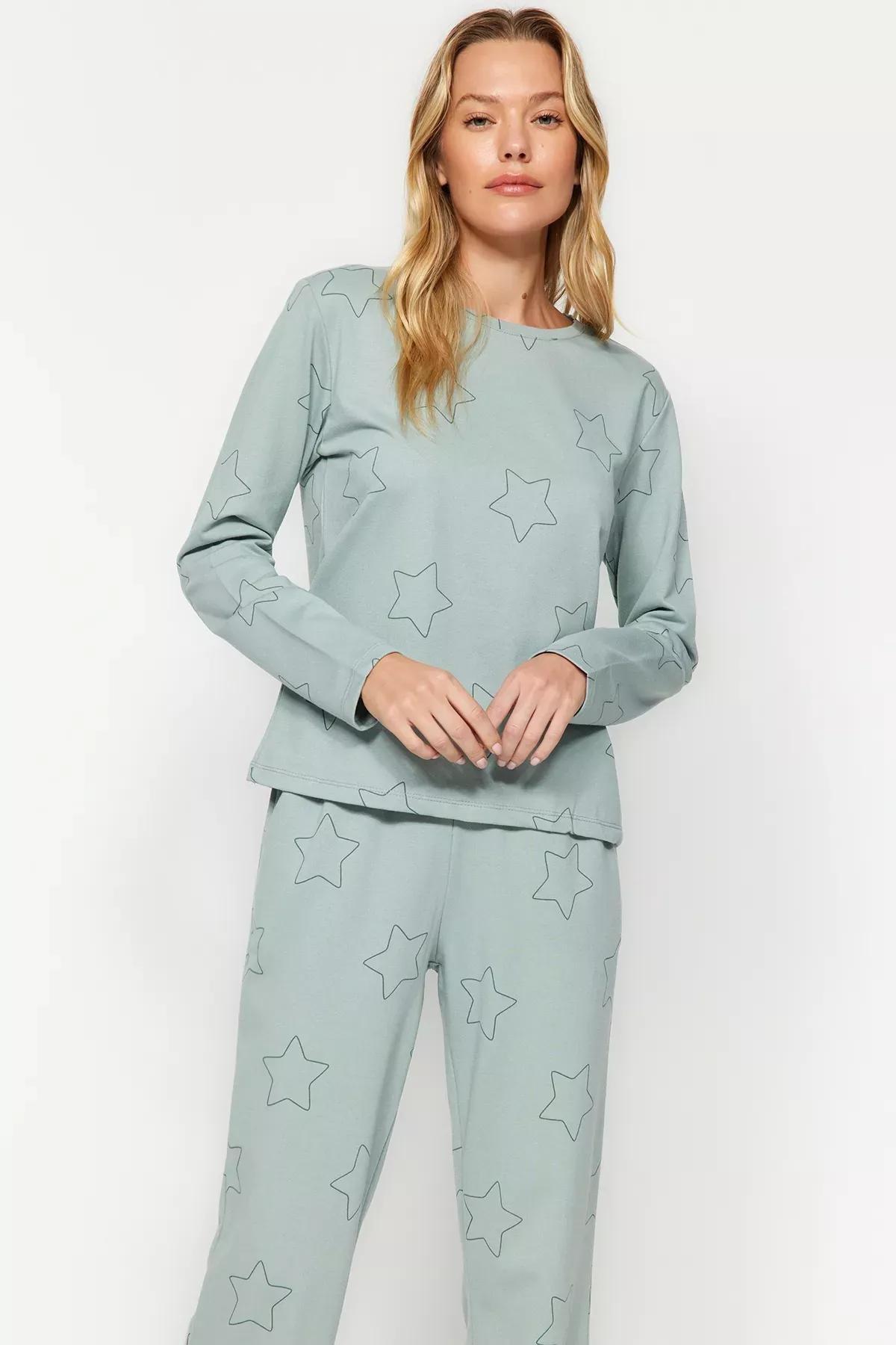 Green Star Knit Pajama Set, Mint, medium