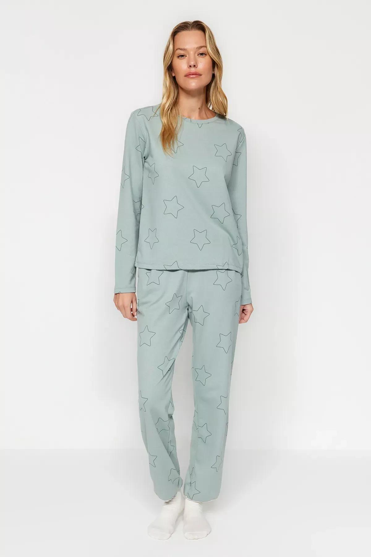 Green Star Knit Pajama Set, Mint, medium