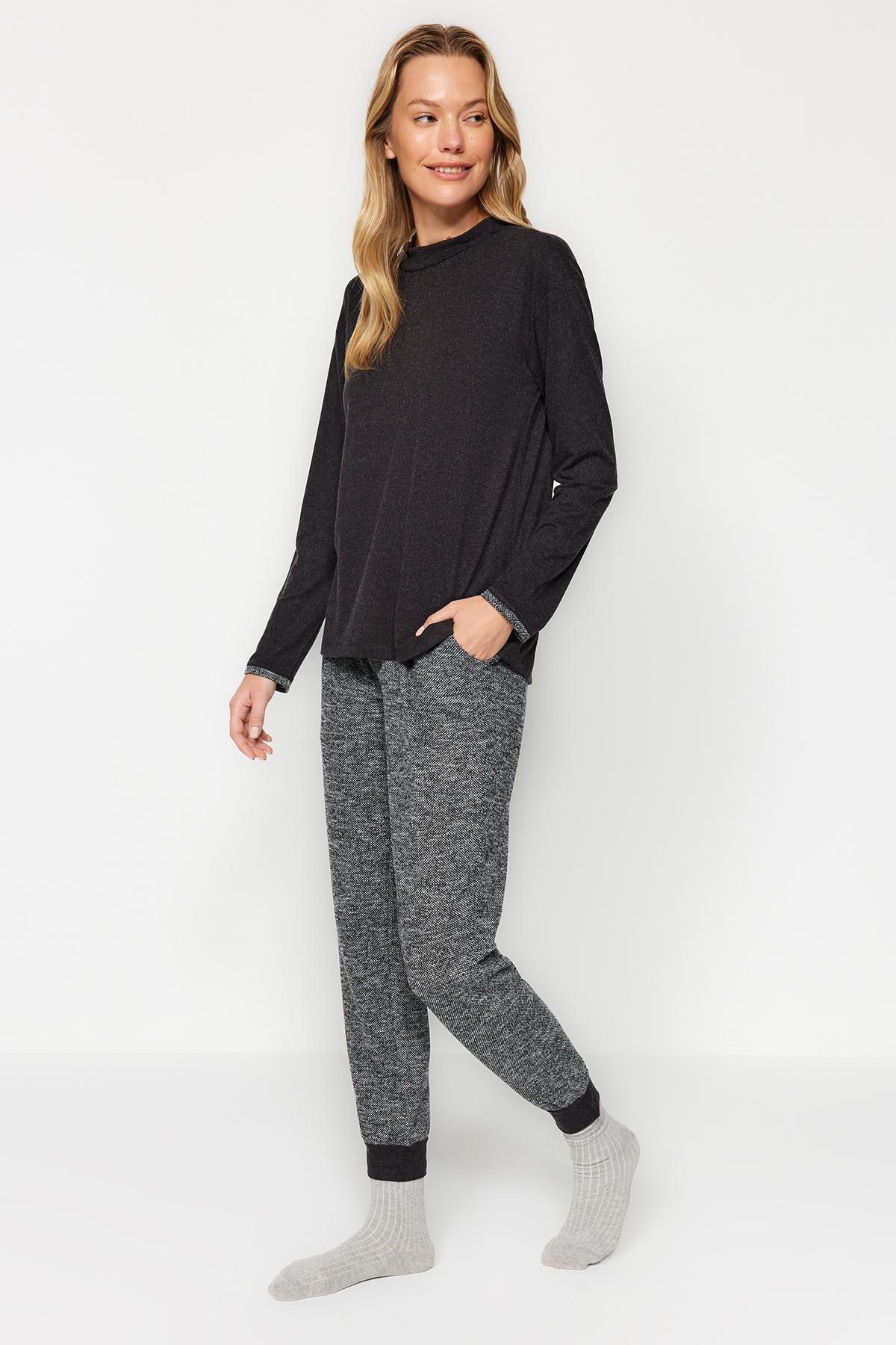 Black Cuff Detailed Knitted Pyjamas Set, , large image number 0