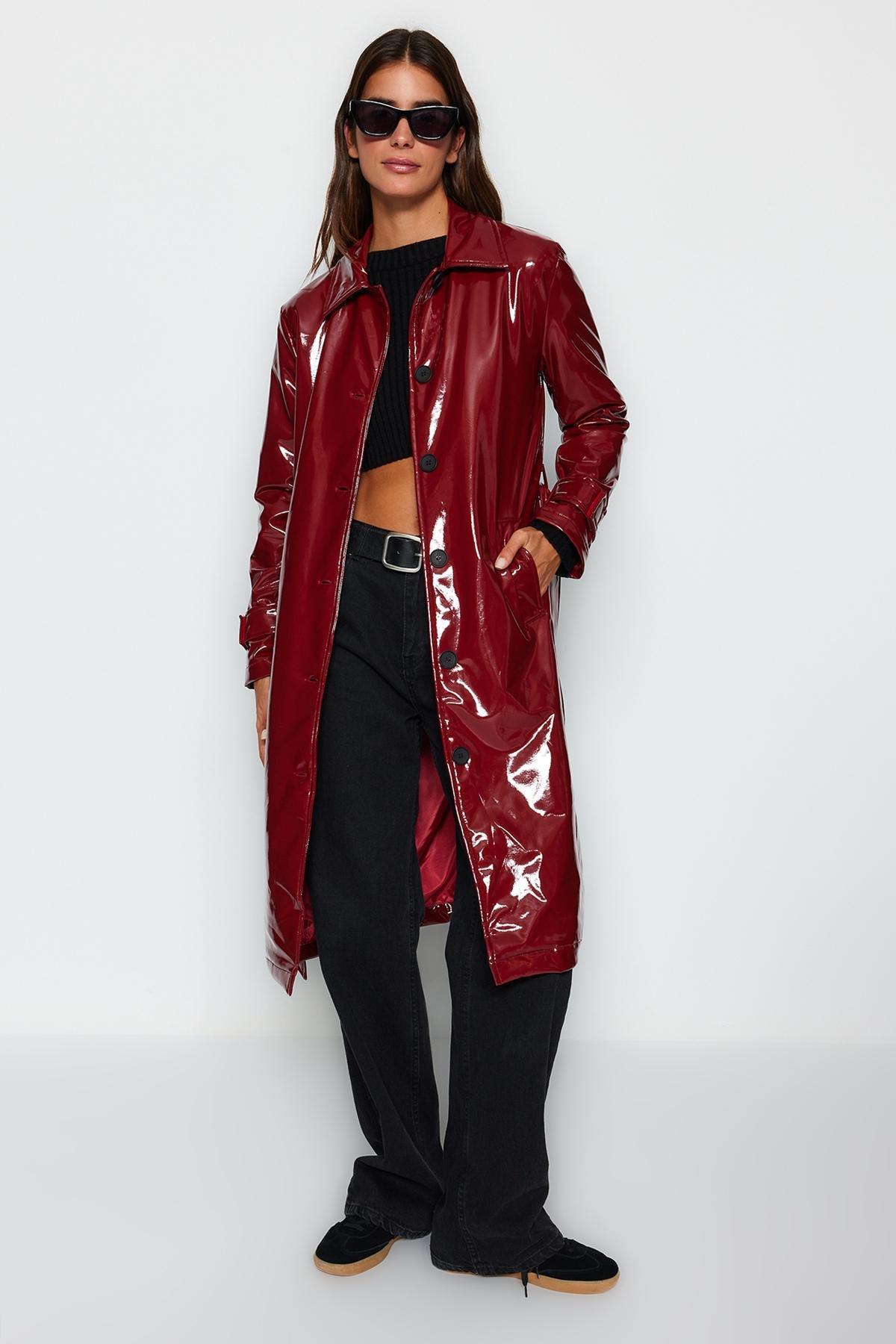 Burgundy Belted Trench Coat, Burgundy, large image number 0
