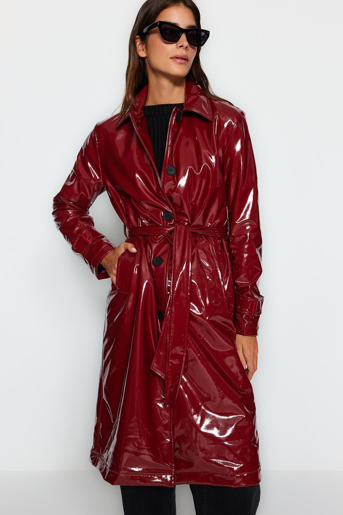 Burgundy Belted Trench Coat, Burgundy, large image number 1