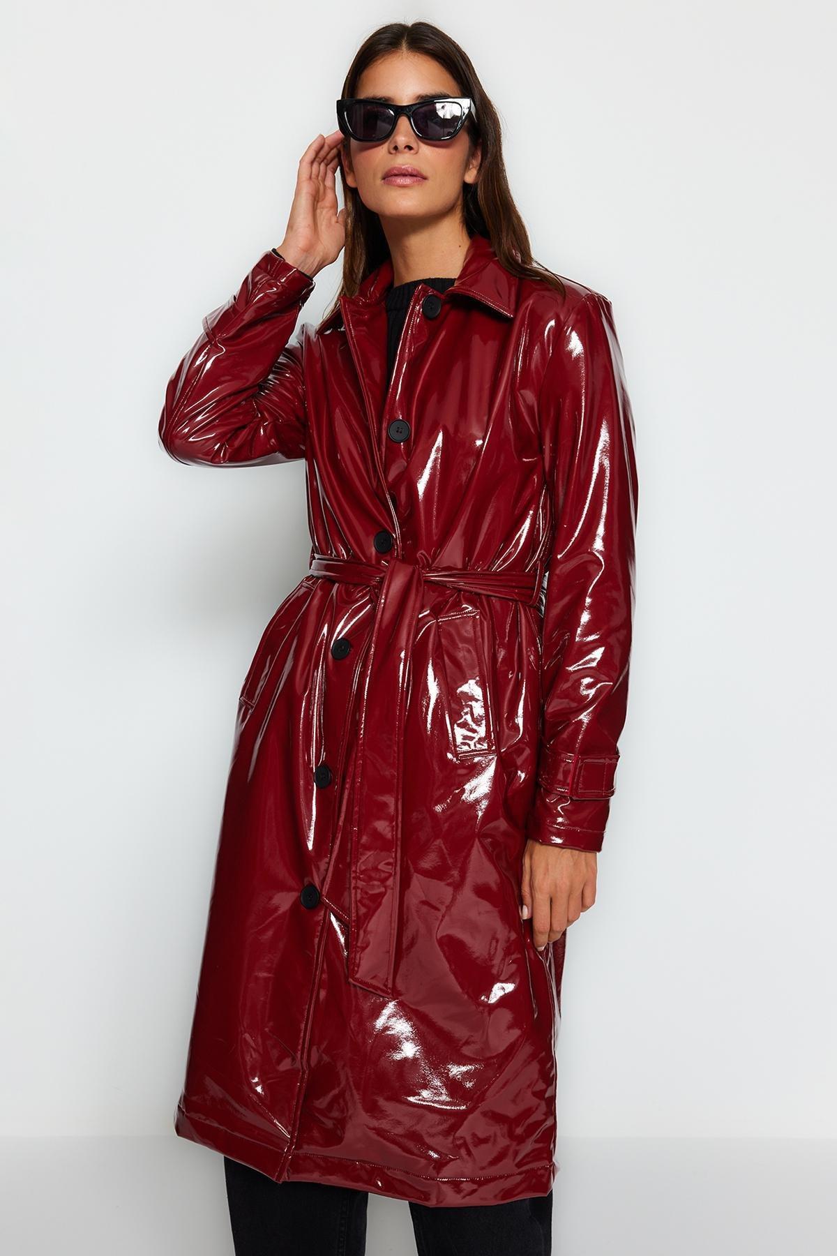 Burgundy Belted Trench Coat, Burgundy, large image number 2