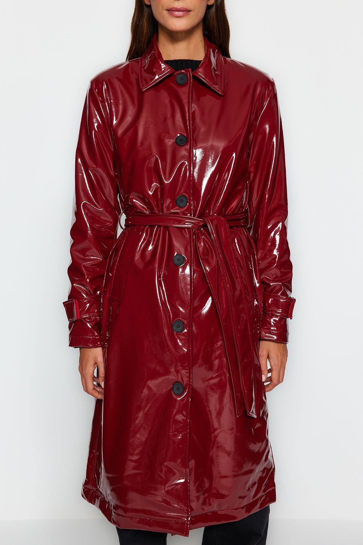 Burgundy Belted Trench Coat, Burgundy, large image number 3