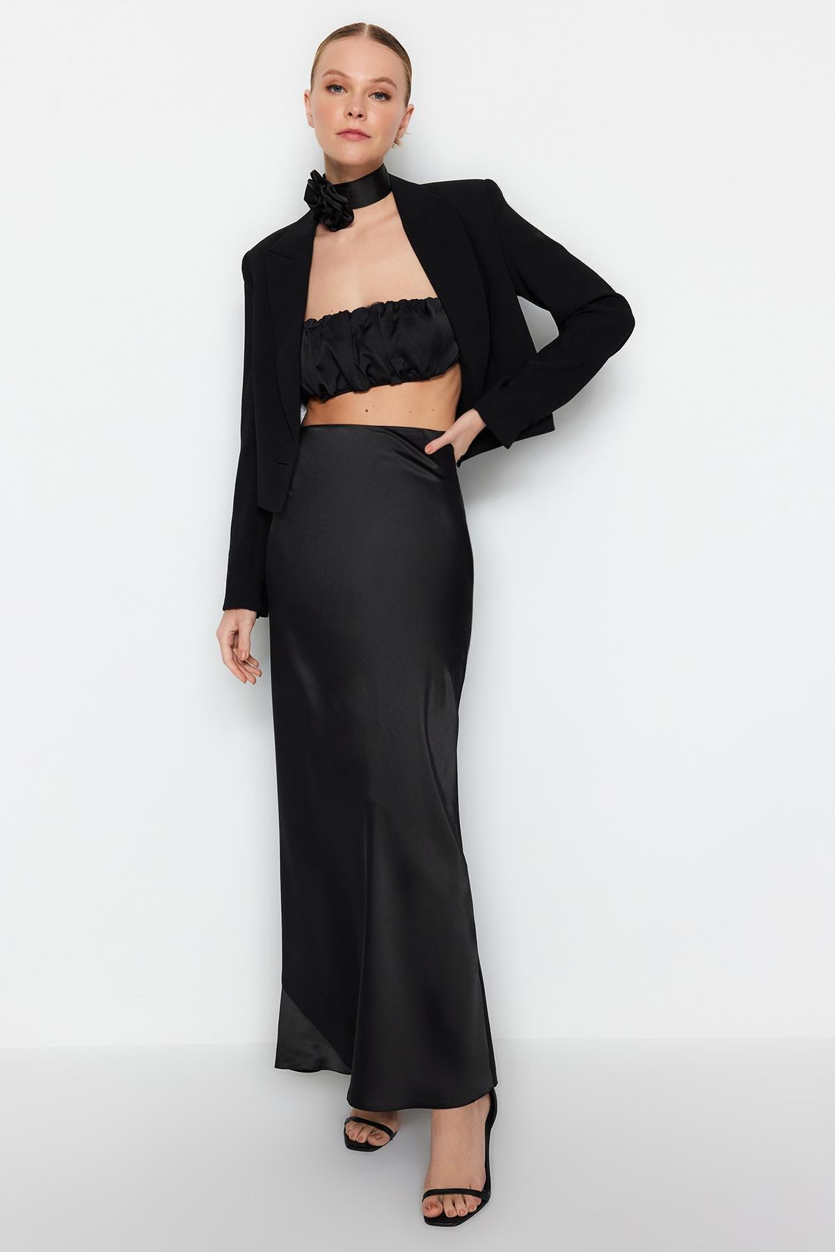 Black Satin Long Skirt, , large image number 0
