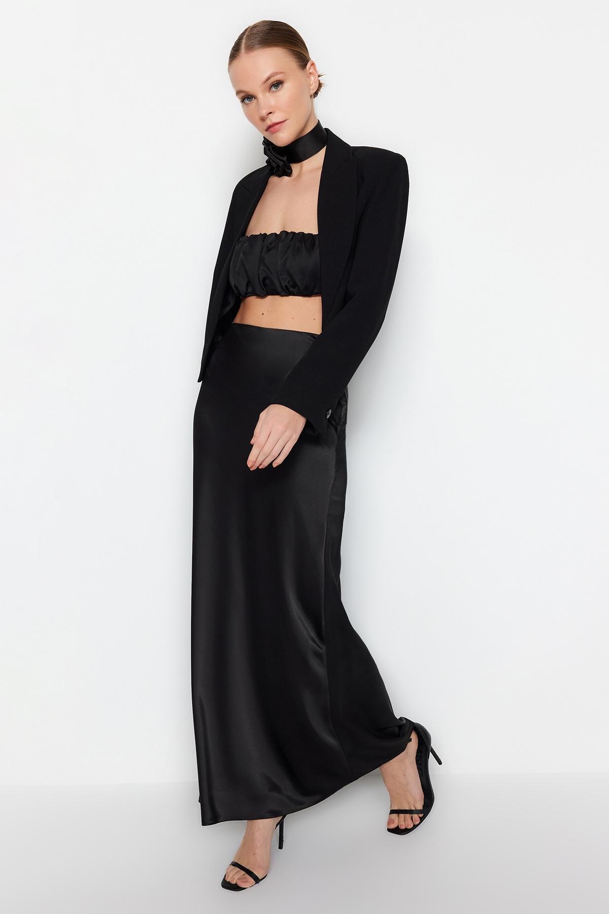 Black Satin Long Skirt, , large image number 2