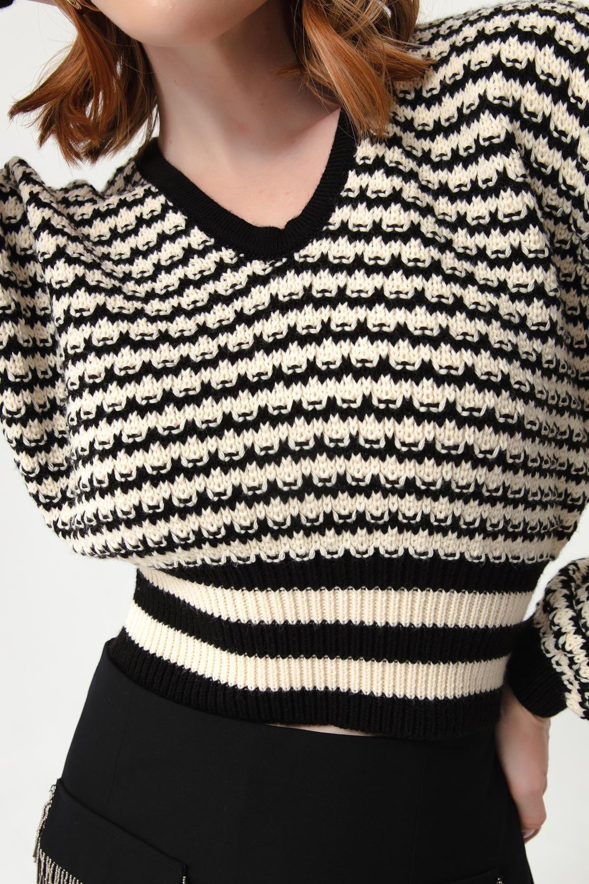 Lafaba - Black V-Neck Exterior Pattern Knitwear Sweater