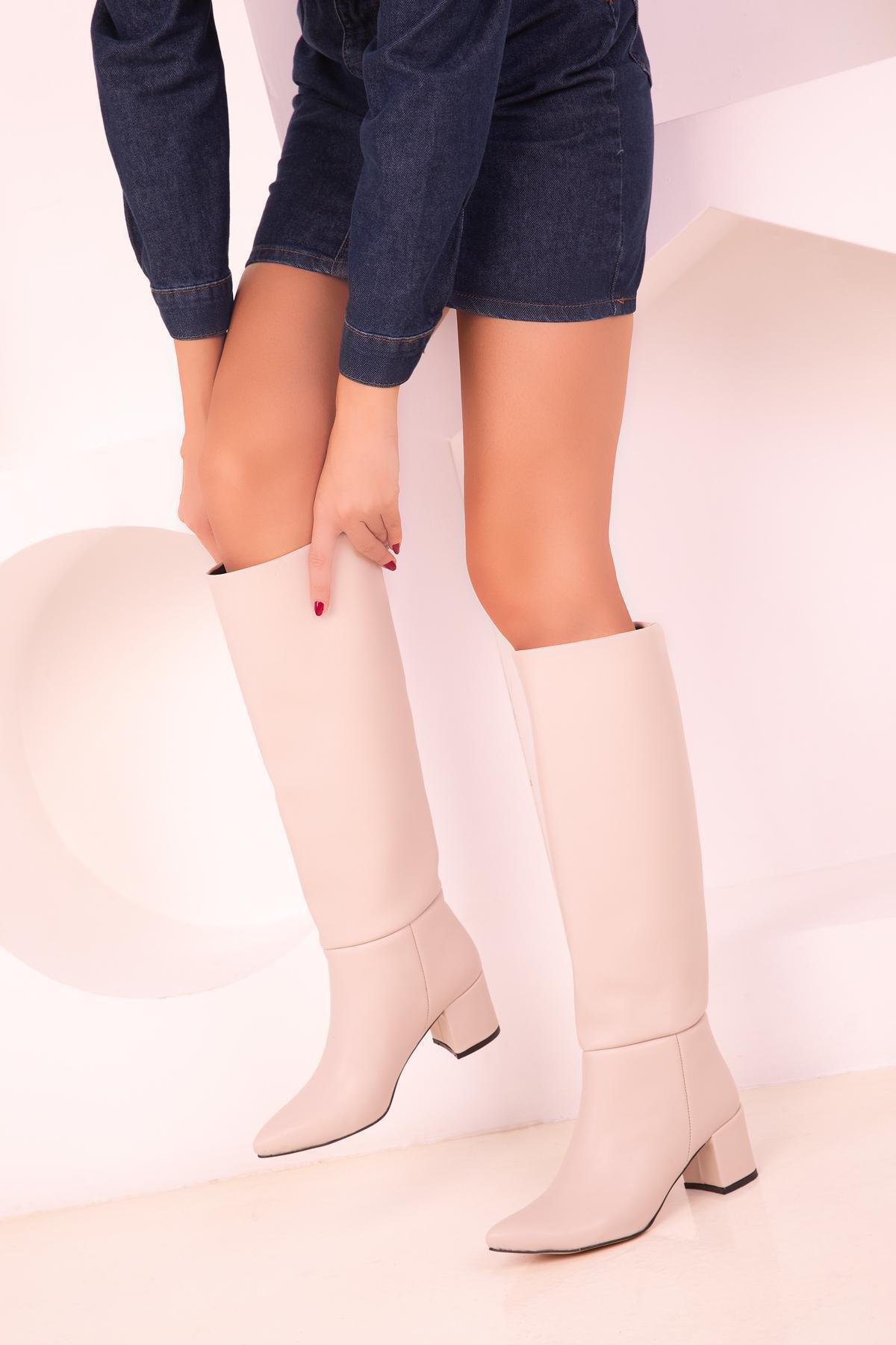 Beige Heeled Boots, , large image number 1