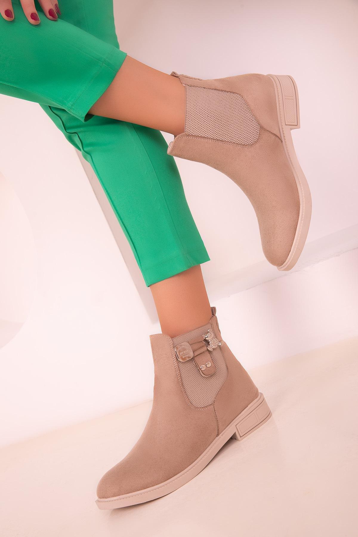 Beige Ankle Suede Boots, , large image number 1